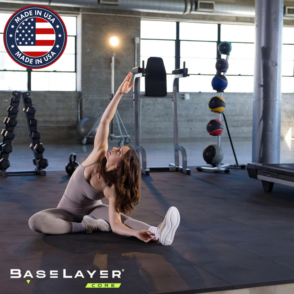 Baselayer Performance Series Interlocking Floor Tiles - Durable ½ in TPE (Rubber Like, NOT Foam, no Odor) - Gym Flooring for Weights & Heavy Equipment - Black, 15 SqFt (6 Pack) - Made in USA