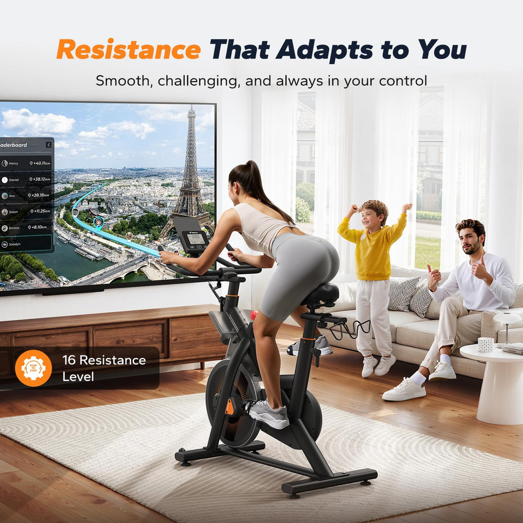 Merach Magnetic Exercise Bike, Heavy Duty Stationary Bike with Automated Resistance, 300 350 Lbs Weight Capacity, Low Noise Indoor Workout Bike for Home Gym with Self-Developed App