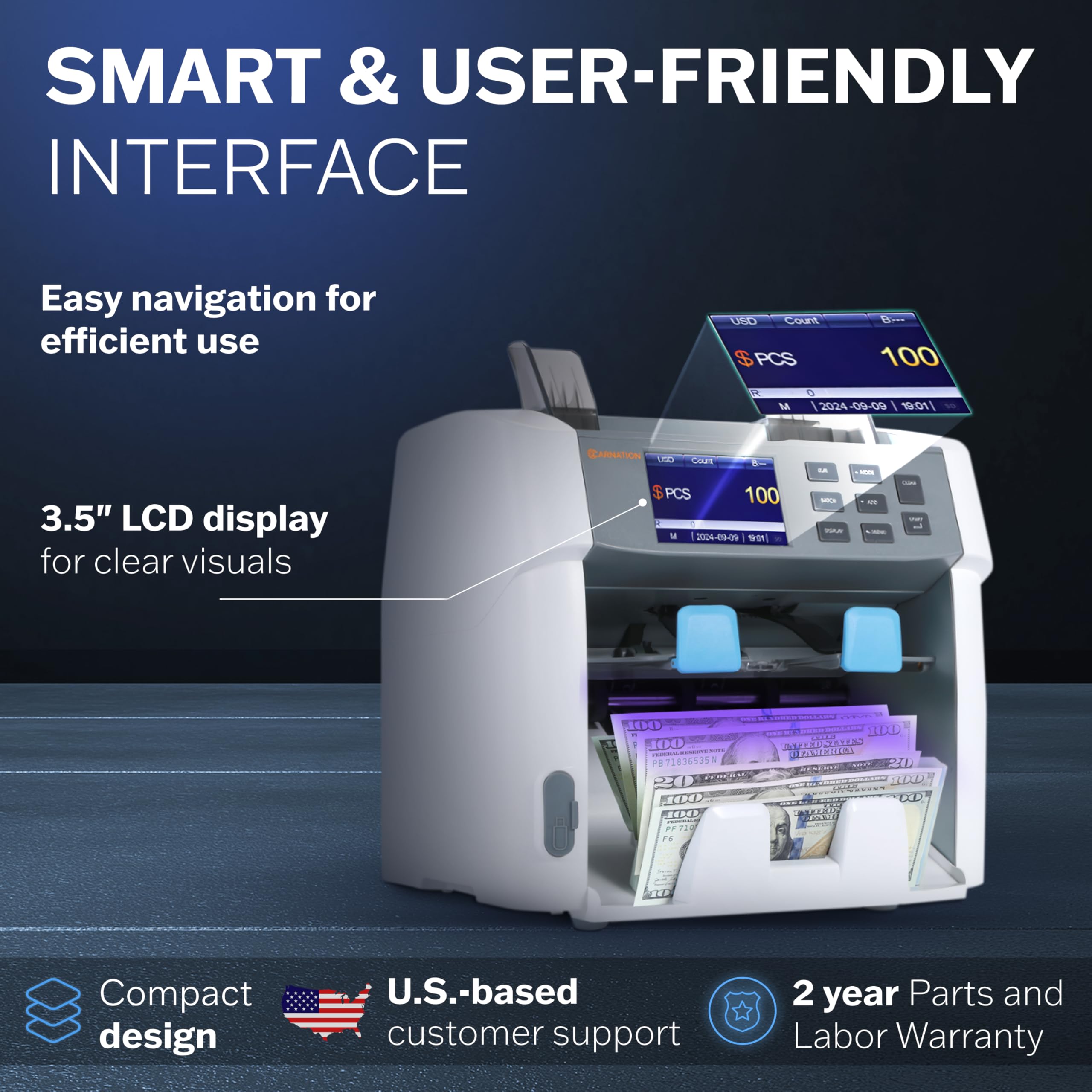 Carnation Money Counter Machine Cash Counting & Mixed Denomination Bill Counter, Portable Currency Detector, Counterfeit Bank Scanner, Dollar Sorter for Commercial, 1100 N/M, UV/MG/MT/IR/2CIS