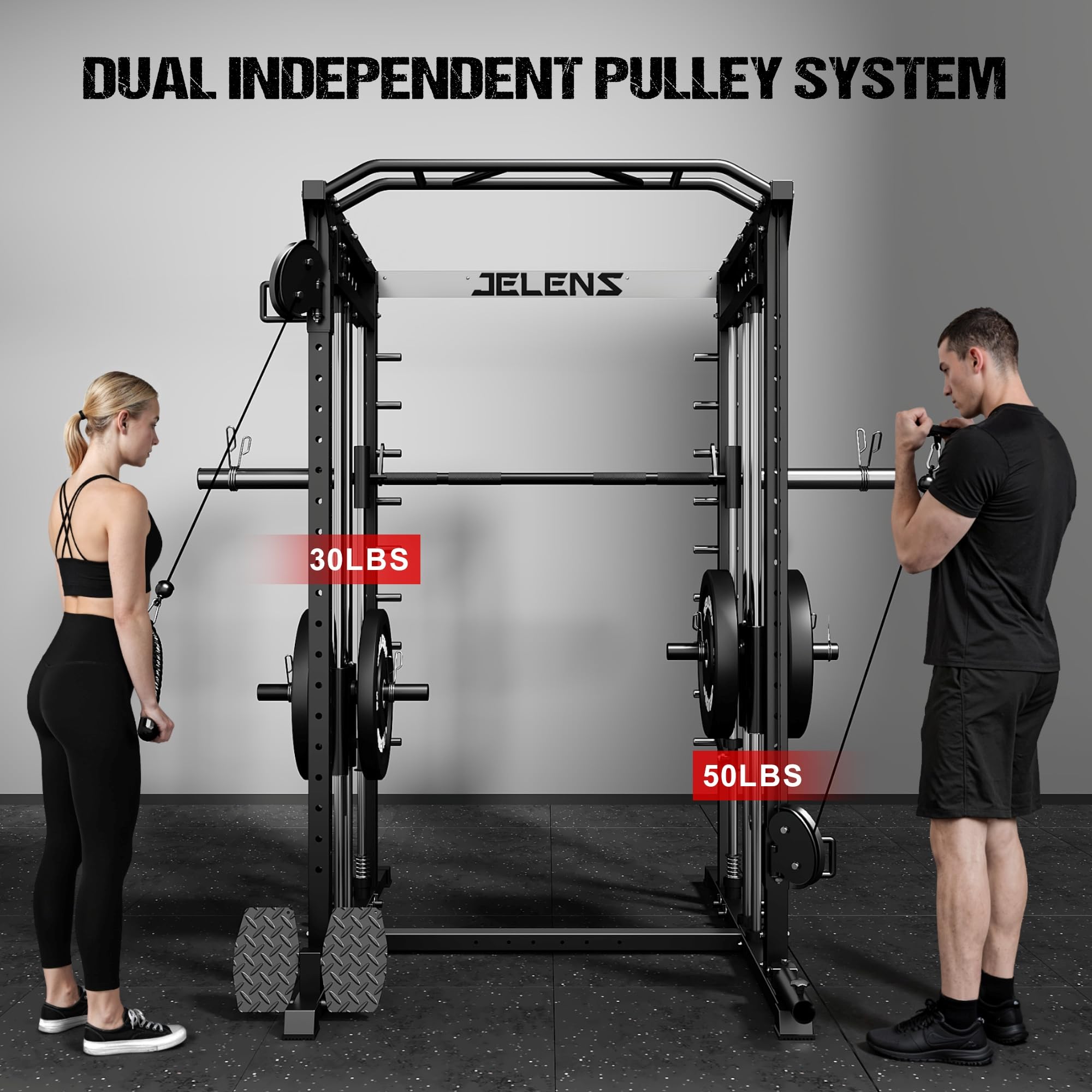 JELENS M21 Smith Machine, Multi-Function Power Cage with Dual Pulley Cable Crossover System, 2000LBS All-in-One Squat Rack with Smith Bar and Attachments for Home Gym