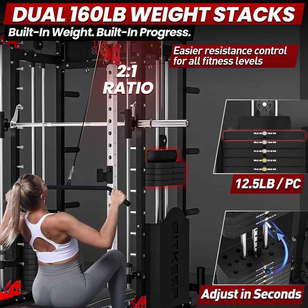 RitKeep PMAX-5600 Pro Heavy-Duty Smith Machine Squat Rack with 320 LB Weight Stacks, 6-in-1 Multi-Function Home Gym System, Dual Cable Crossover and 2000 LB Capacity for Full-Body Strength Training
