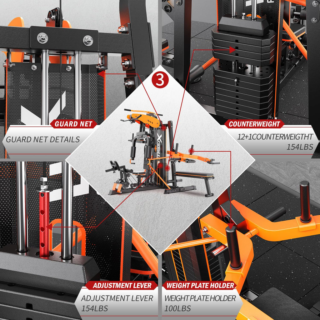 XGSW Multi-Function Home Gym Workout Station, Featuring a Pulley System, arm Trainer, and Leg Trainer for Full-Body Workouts.