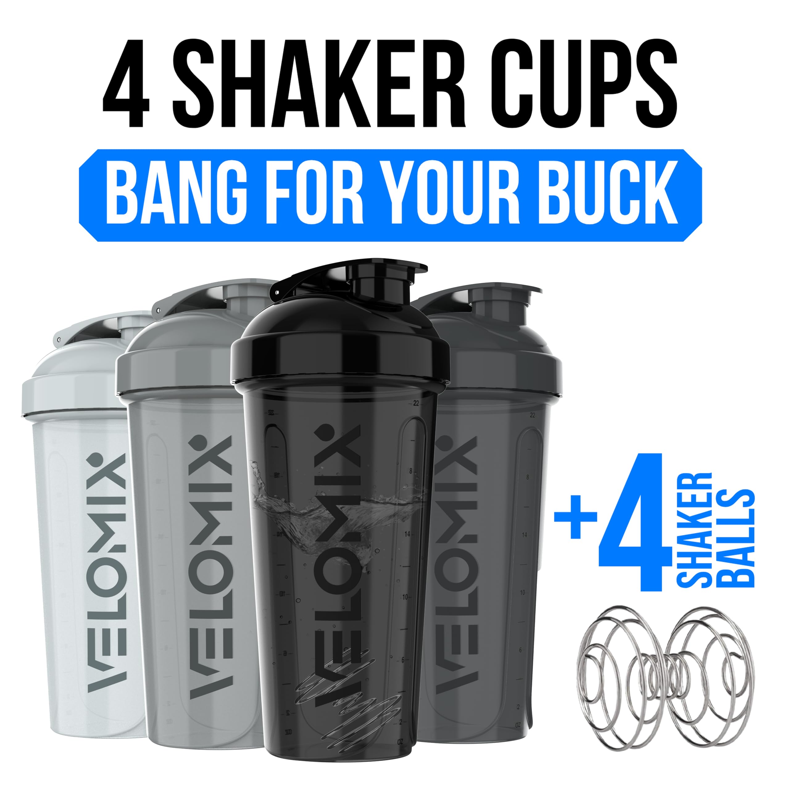 VELOMIX -4 PACK- 28 oz Protein Shaker Bottle for Protein Mixes - 4x Wire Whisk | Leak Proof Shaker Cups for Protein Shakes | Protein Shaker Bottle Pack | Protein Shake Cup (NeoCool Pack)