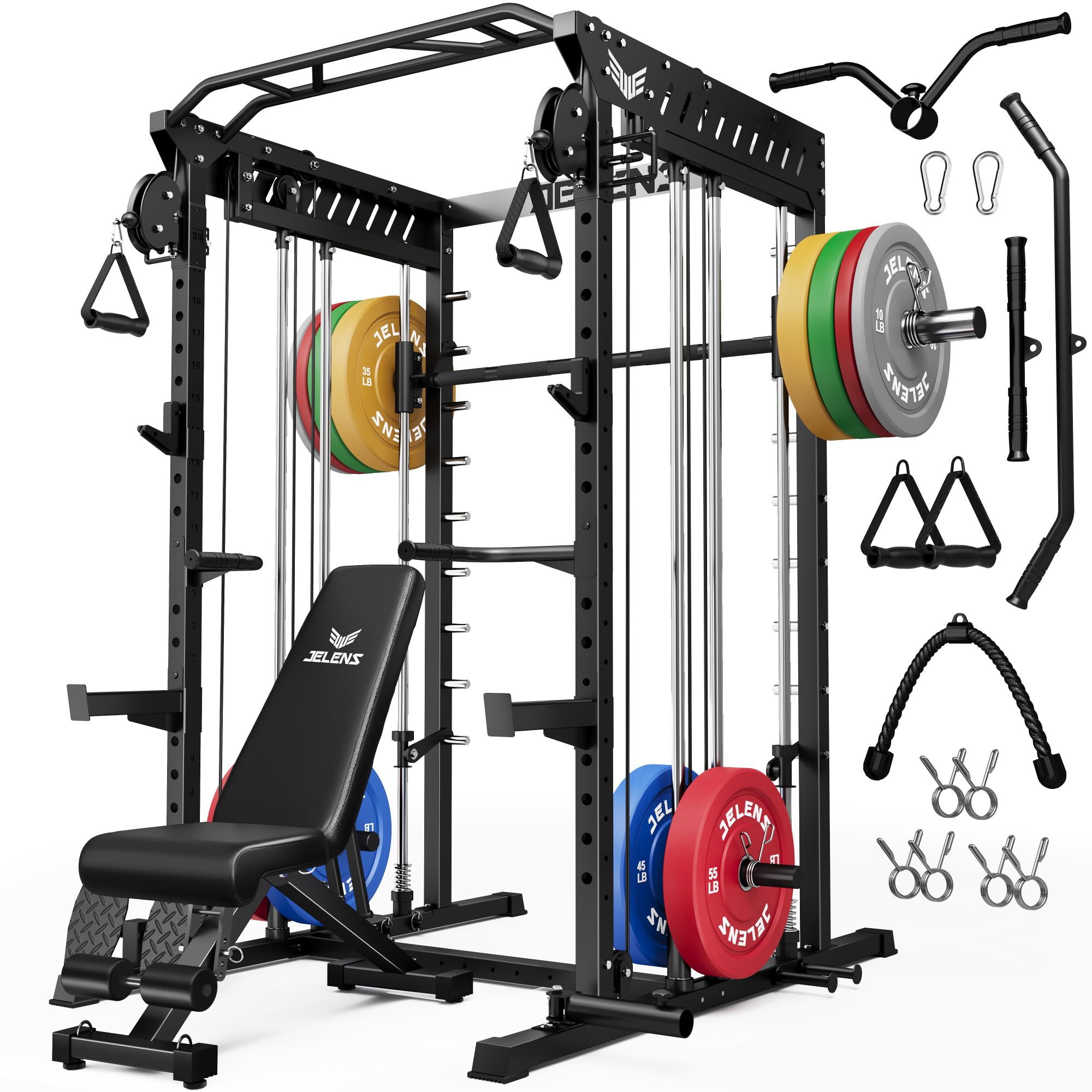 JELENS M21 Smith Machine, Multi-Function Power Cage with Dual Pulley Cable Crossover System, 2000LBS All-in-One Squat Rack with Smith Bar and Attachments for Home Gym