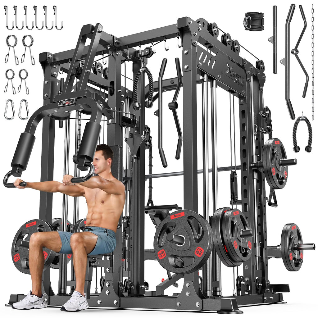 Smith Machine with Cable Crossover System, Multi-Function Power Cage Squat Rack for Home Gym, Power Rack and Packages Weight Sets.
