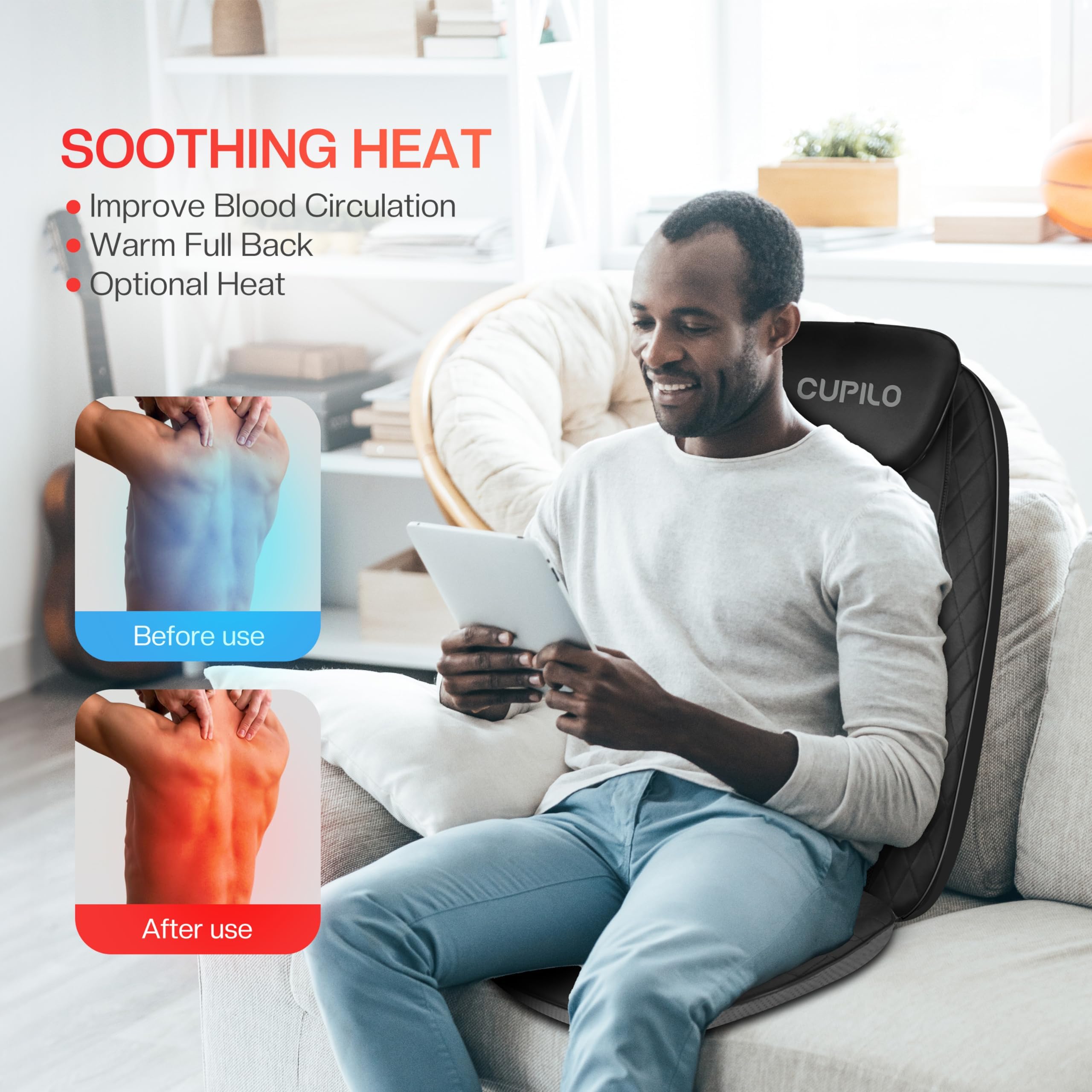 Back Massager with Heat, Massage Chair Pad with 5 Vibrating Modes, 2 Heat Levels Electric Massage Seat Cushion, Massage Pad for Back Pain Relief, Fathers Day Dad Gifts for Men Husband Him Mom Her