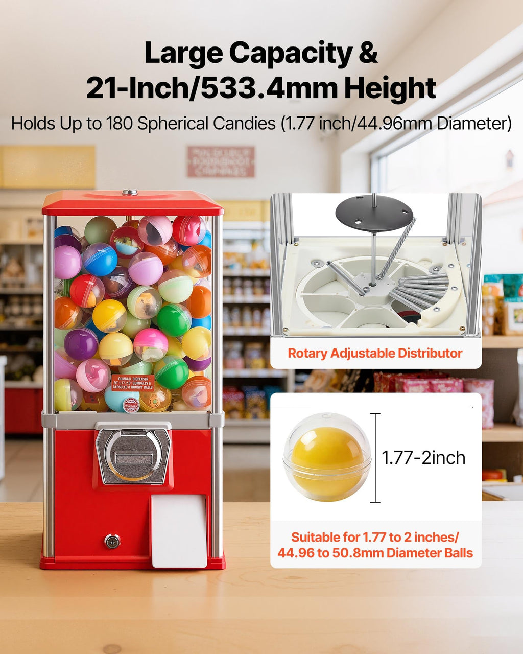 VEVOR Gumball Machine for Kids, 25" Height Home Vending Machine, PS Bouncy Balls Dispenser, Hold 230 Capsule Toys, Rectangle Bubble Gum Machine for Game Stores, Coin Operated Gumball Bank, Red