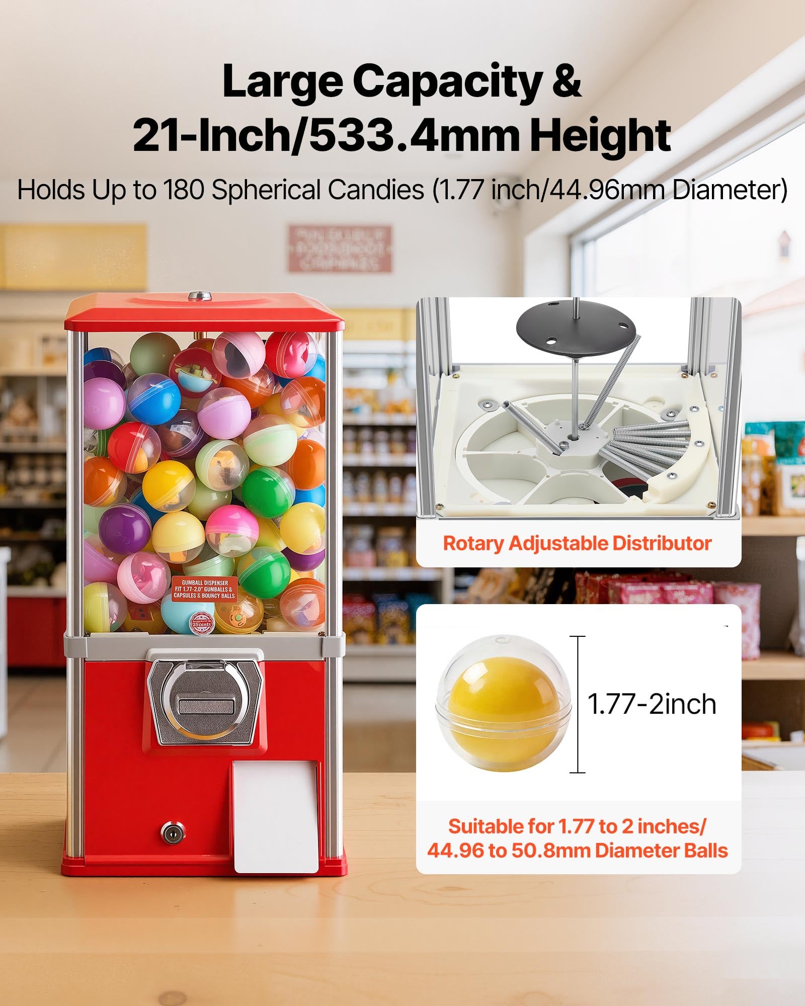 VEVOR Gumball Machine for Kids, 25" Height Home Vending Machine, PS Bouncy Balls Dispenser, Hold 230 Capsule Toys, Rectangle Bubble Gum Machine for Game Stores, Coin Operated Gumball Bank, Red