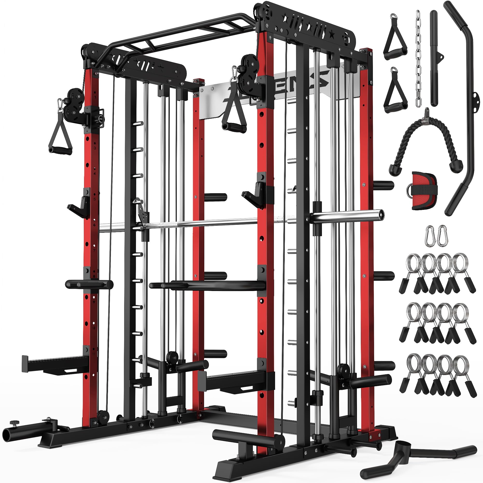 JELENS Smith Machine for Home Gym, Multi-Function M12 Power Cage with Cable Crossover System, Squat Rack with Smith Bar and More Attachment