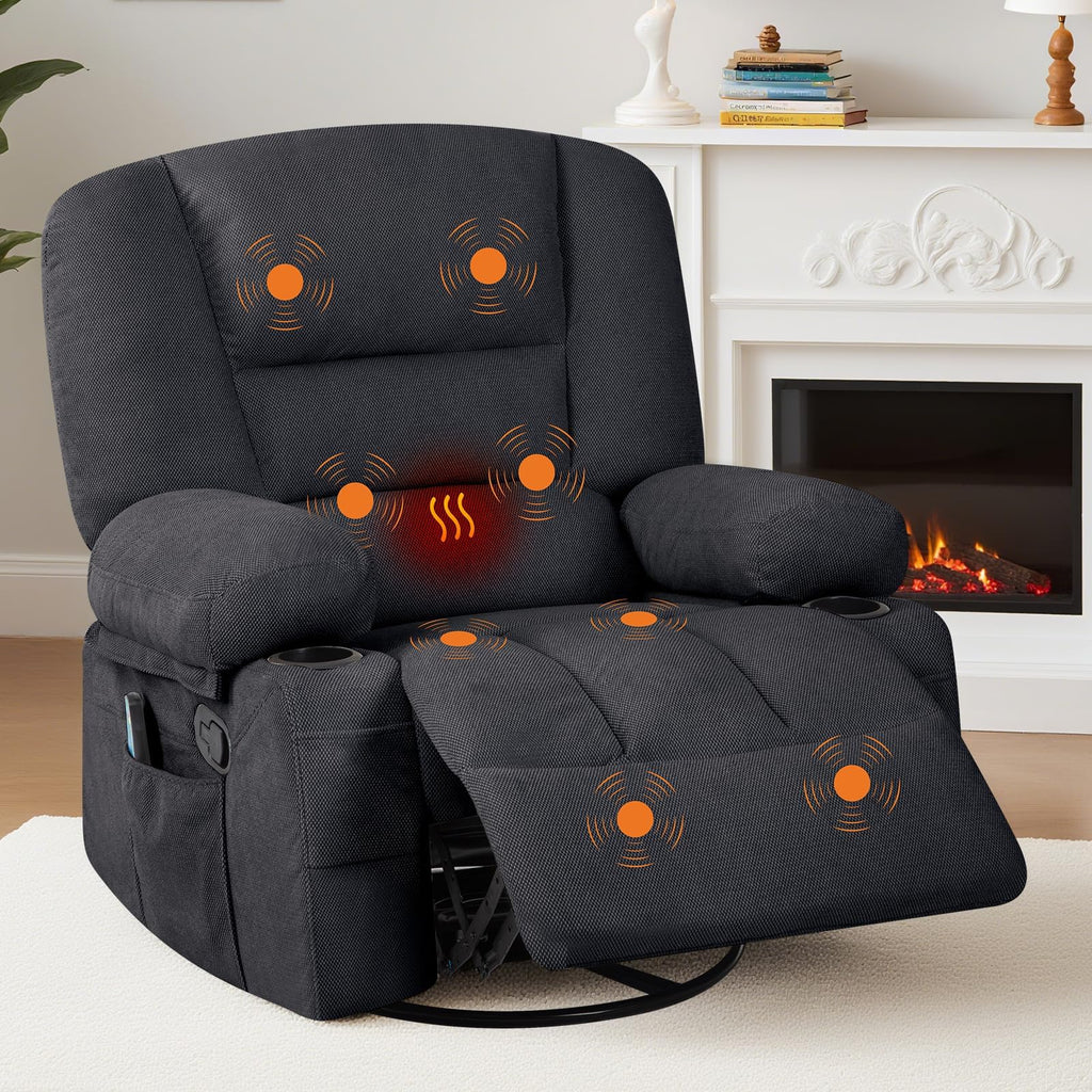 Oversized Wide Recliner Chair with Vibration Massage and Heat, 360° Swivel Recliner Glider for Adults,Chenille Fabric Manual Reclining Single Sofa with Cup Holders & Side Pockets for Living Room,White