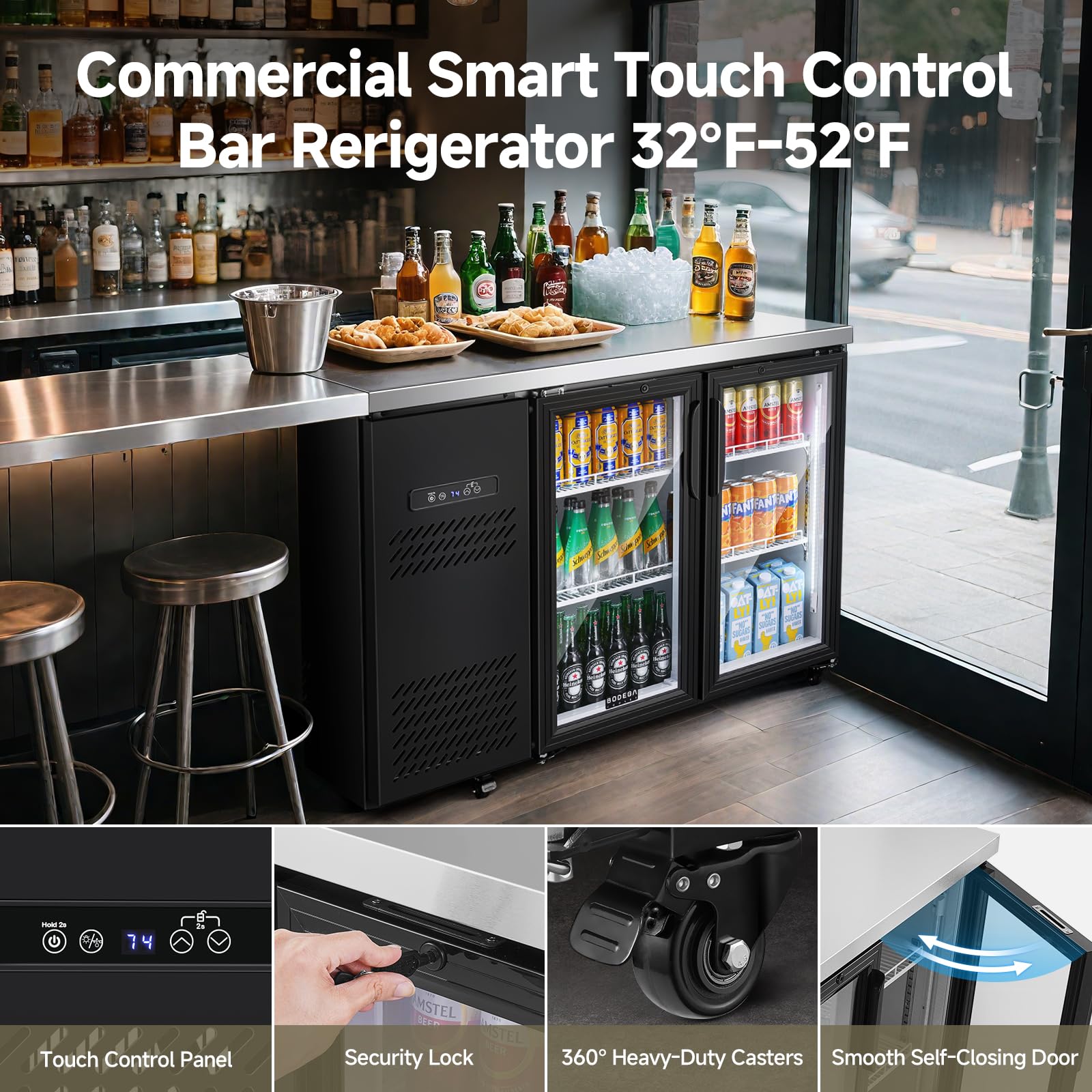 BODEGACOOLER Commercial Beverage Refrigerator with Glass Door,12.5 Cu.Ft Display Merchandiser Drink Refrigerator,Upright Commercial Bar Fridge,Display Drink Cooler,Soft LED Light,Romovable Shelves