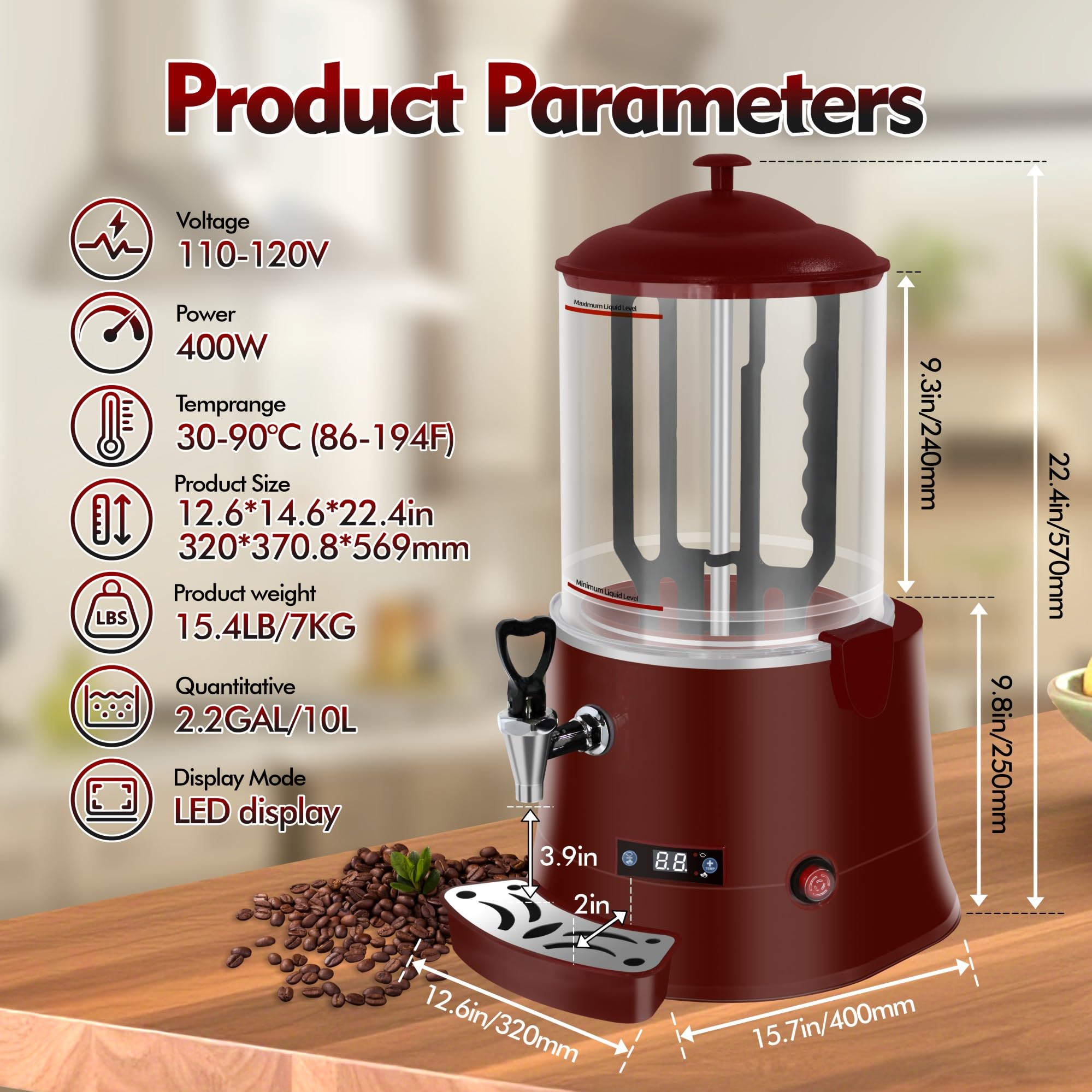10L Commercial Hot Chocolate Machine, Hot Beverage Dispenser & Coffee Maker, Large Capacity Cocoa & Milk Drink Machine for Cafe Restaurant, Intelligent Temp Control, Easy Clean, Spill-Proof (Black)