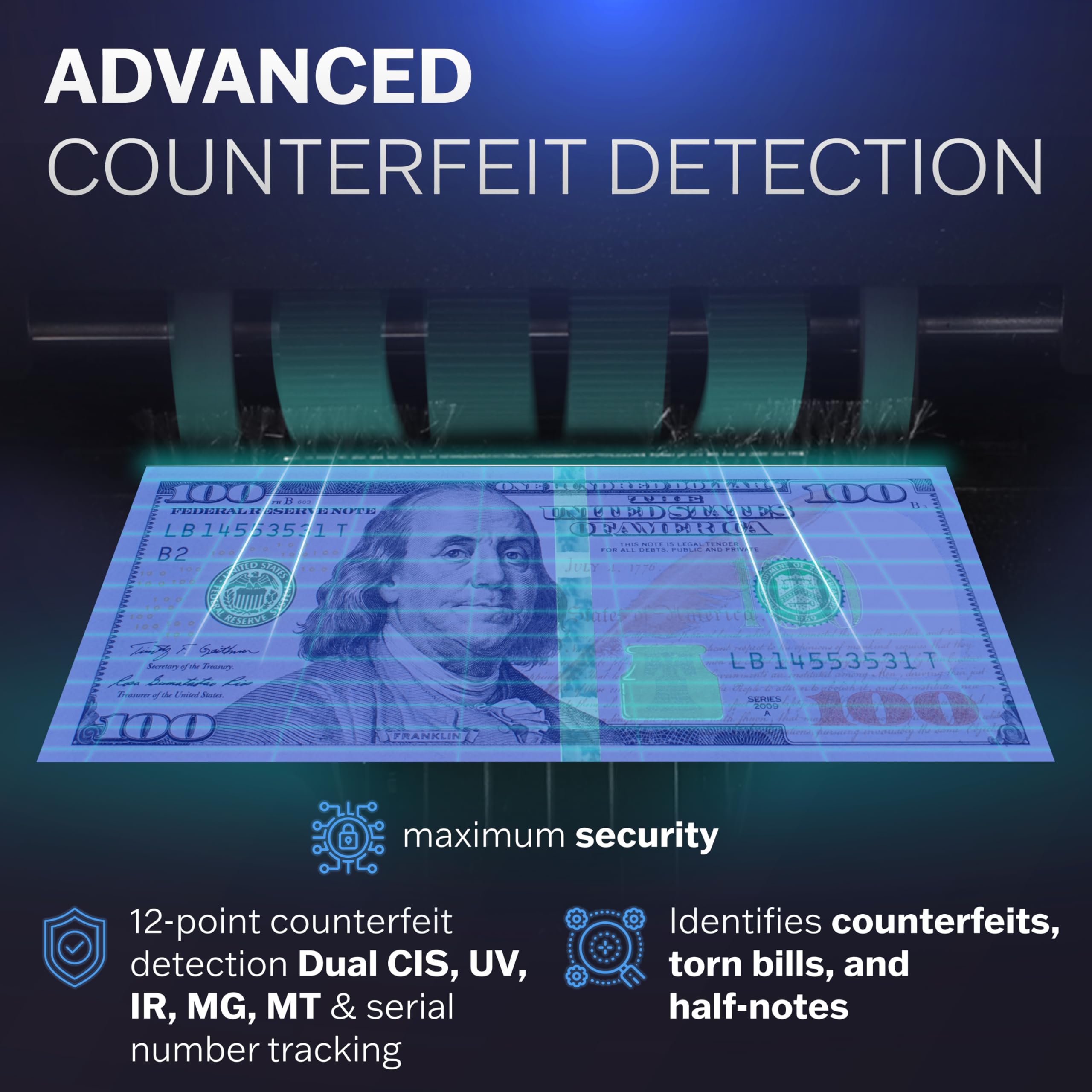 Carnation Money Counter Machine Cash Counting & Mixed Denomination Bill Counter, Portable Currency Detector, Counterfeit Bank Scanner, Dollar Sorter for Commercial, 1100 N/M, UV/MG/MT/IR/2CIS