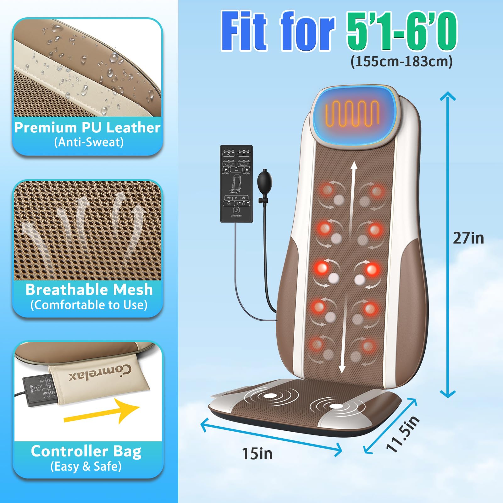 Back Massager with Heat, Full Body Massage Pad with Pillow Neck Support, Soft Plush Fabric Cover, Chair Massager with 3D Lumbar Truction and 8 Vibration Motors, Home Office Use