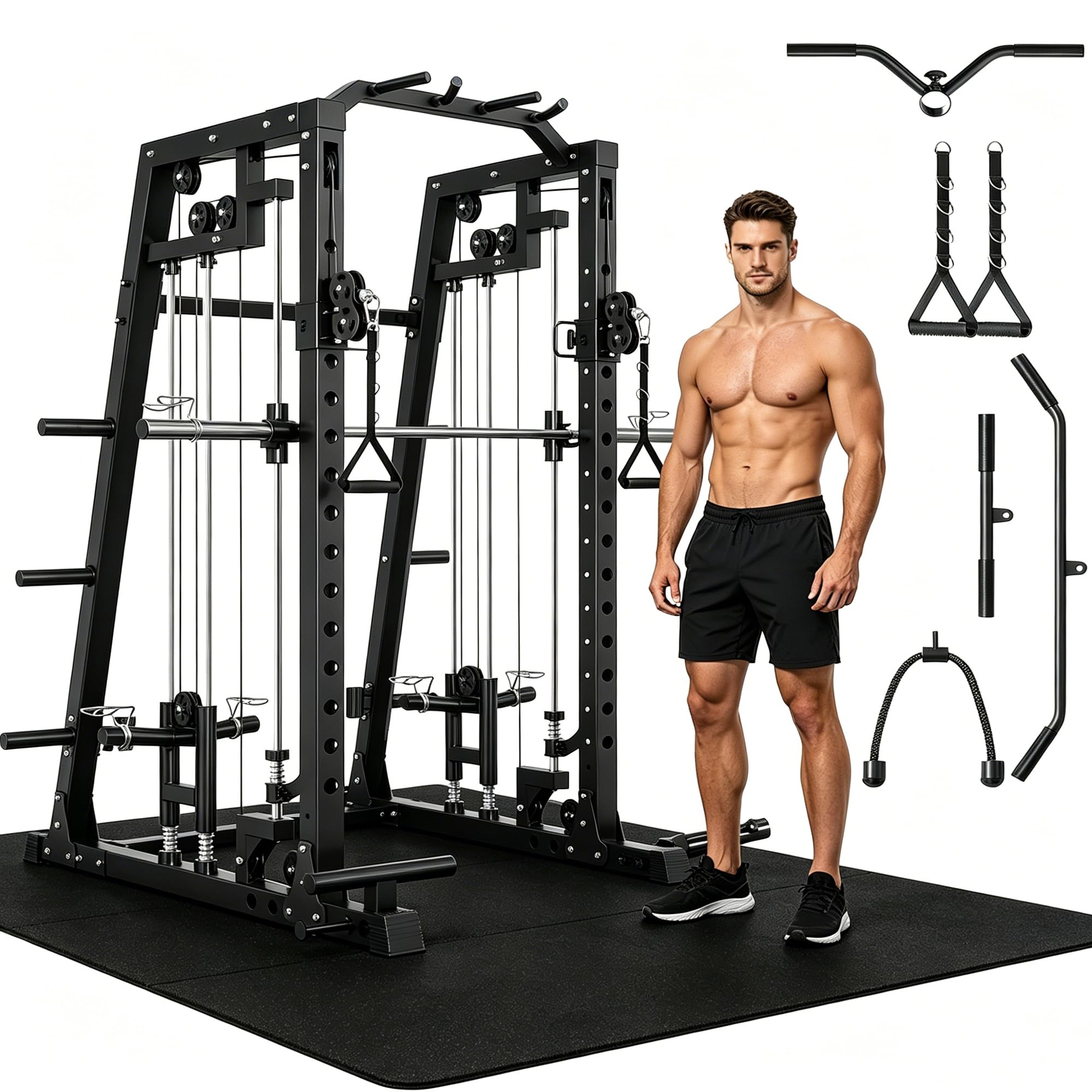 Smith Machine Home Gym, 2200LB Power Cage with Dual Pulley Cable Systems, LAT Pull-Down, Leg Hold-Down & 20+ Attachments for Full Body Workouts