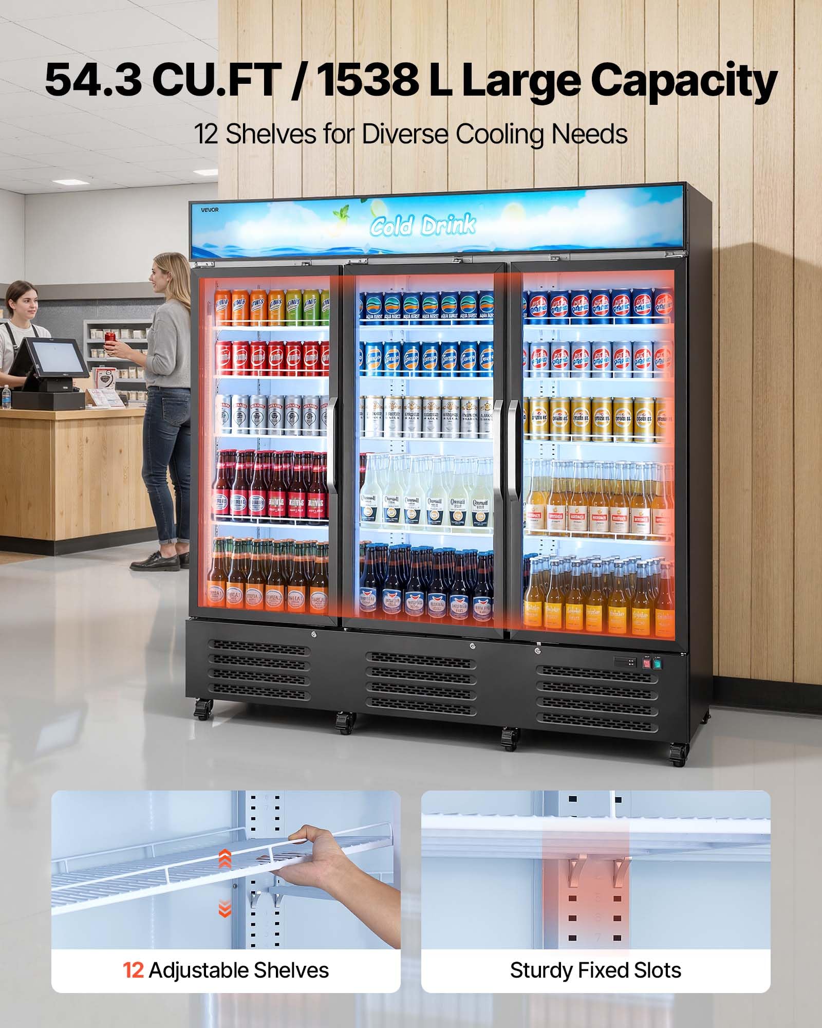 VEVOR Commercial Merchandiser Refrigerator, 6.9 Cu.Ft / 195L Glass Door Display Refrigerator, Upright Beverage Cooler Fridge with 4 Adjustable Shelves, Soft LED Light & Casters for Homes Shops Bars