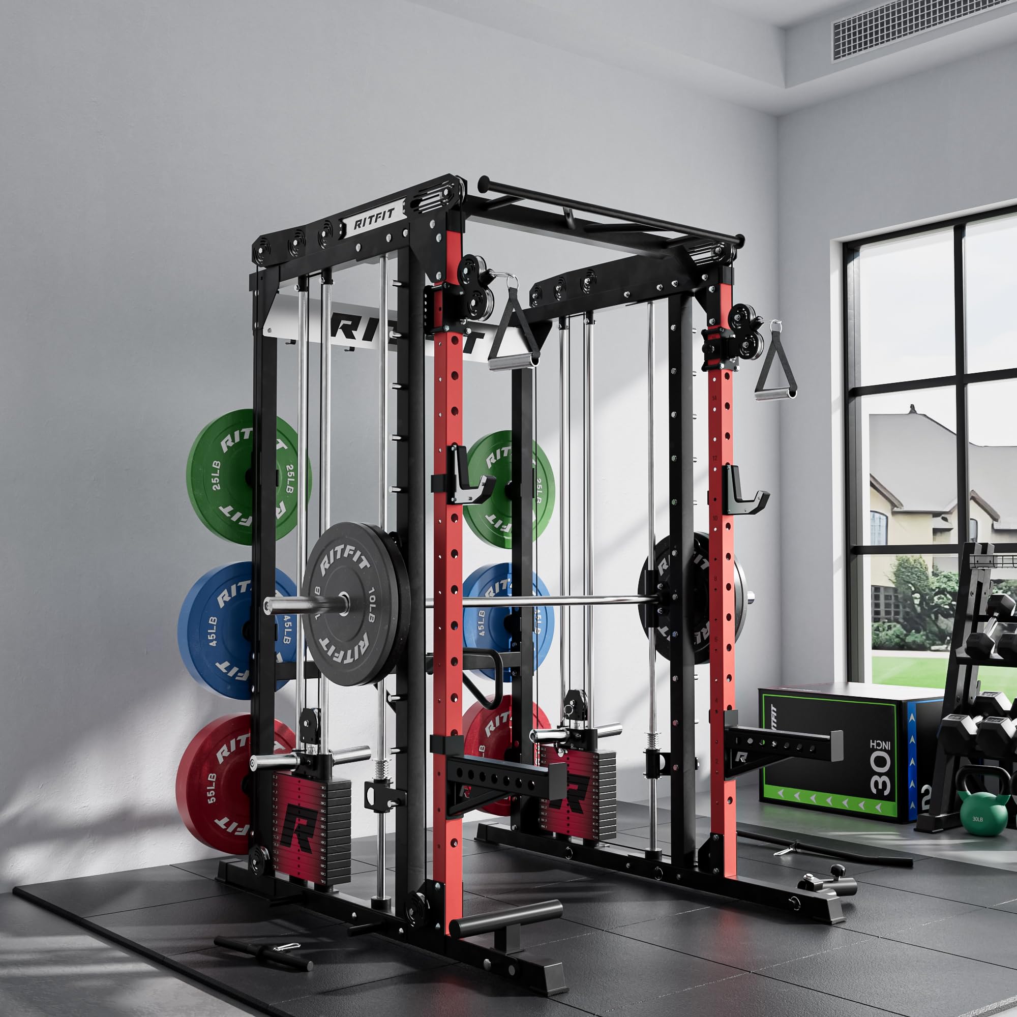 RitFit M2 3D Smith Machine & 286.6LB Built-in Weight Stack with Cable Crossover System, All in One Functional Trainer & Power Cage, 16 Adjustment Holes, 6 Storage Pegs for Full-Body Home Gym