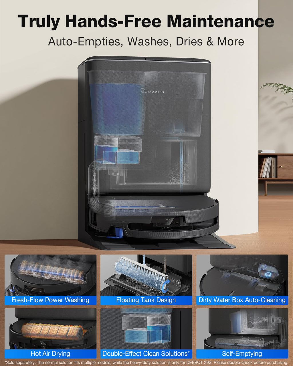 ECOVACS DEEBOT X9 PRO Omni Robot Vacuum and Mop, 16,600Pa Suction, OZMO Roller Self-Washing Mop, ZeroTangle 3.0, Triple Lift System, AI Navigation, Hands-Free Station
