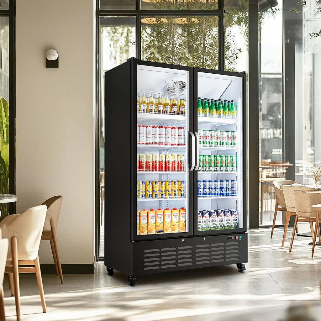 BODEGACOOLER Commercial Merchandiser Refrigerator, 27.02 Cu.Ft Double Glass Door Beverage Cooler, Upright Display Refrigerator with Soft LED Light, Adjustable Shelves, 4 Heavy-Duty Casters, Black