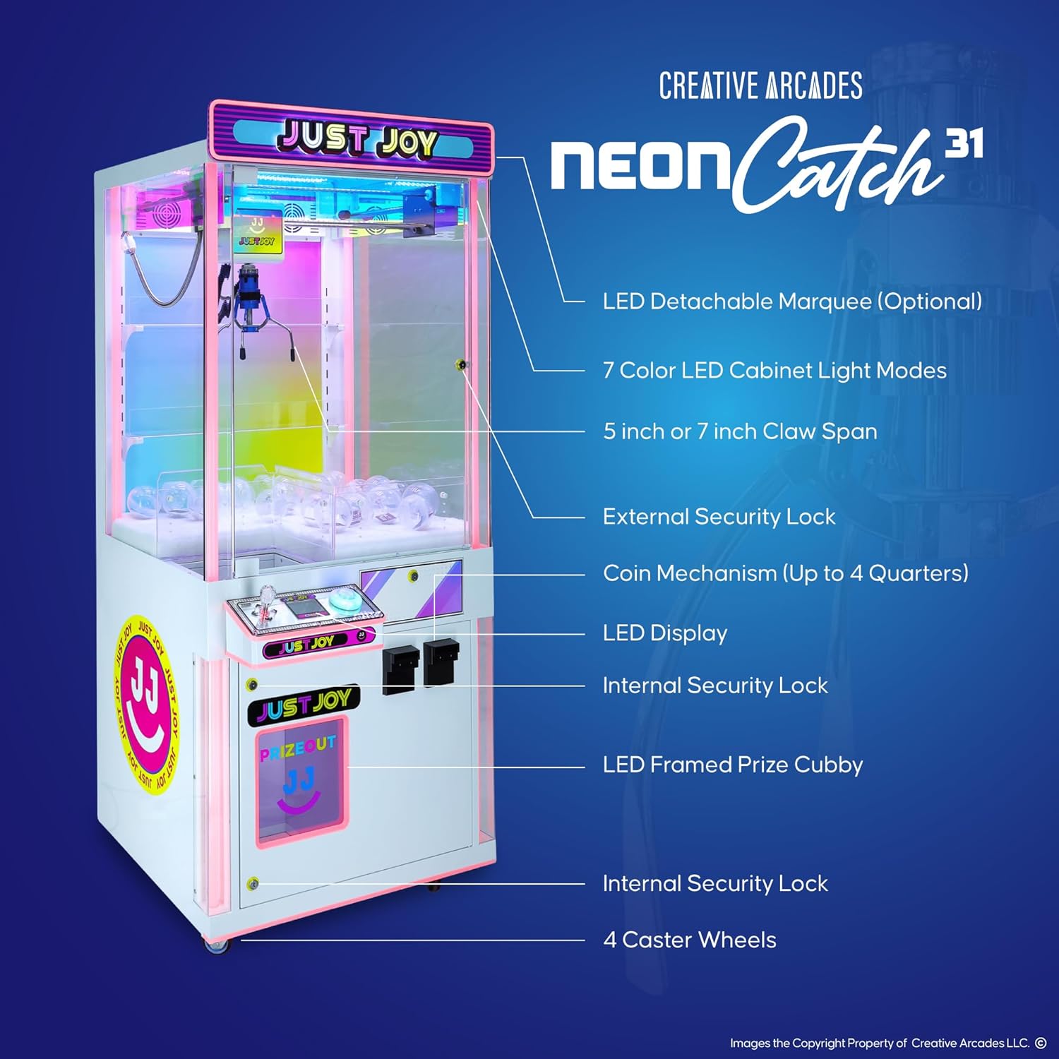 CREATIVE ARCADES Full-Size Commercial Grade Claw Machine - Neon Lights and Light up Marquee - 31" x 80" H, Adult Size Crane Game - Great for Corporate Events, Businesses, Parties, etc.