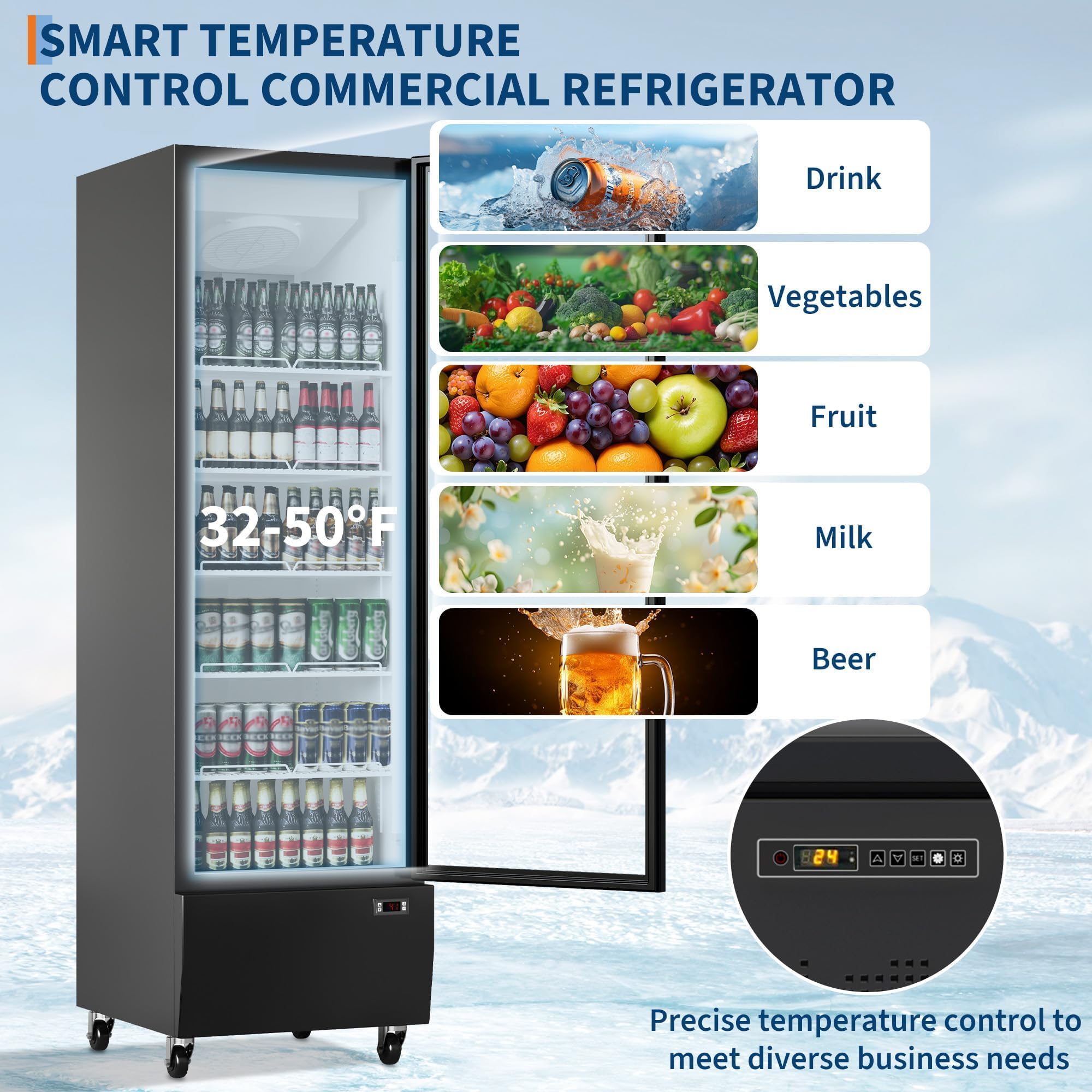 IDEALHOUSE Commercial Refrigerator, Commercial Merchandiser 26.8 Cu Ft Refrigerator, Refrigerator with 2 Glass Door and LED Light, Large Business Cooler for Home Restaurant Grocery Stores