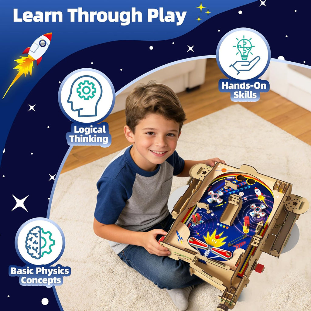 GobiDex DIY Pinball Machine Kit for Kids, Build Your Own Arcade Game, Wooden STEM Toy for Learning, Birthday Gift for Boys and Girls Ages 8+