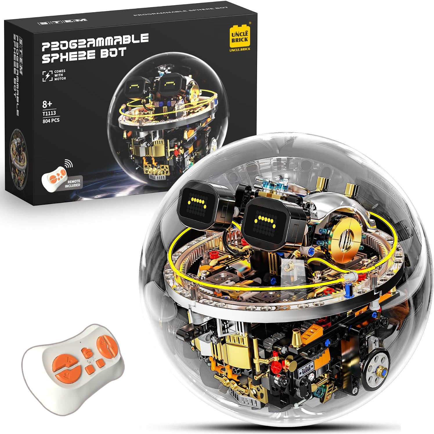 UNCLE BRICK Transparent Spherical Robot Building Block Set,Stem Toys for Ages 8-13,Programmable Remote-Controlled Powered,LED Expression Display and Cyberpunk Lighting,Holiday and Birthday Gifts
