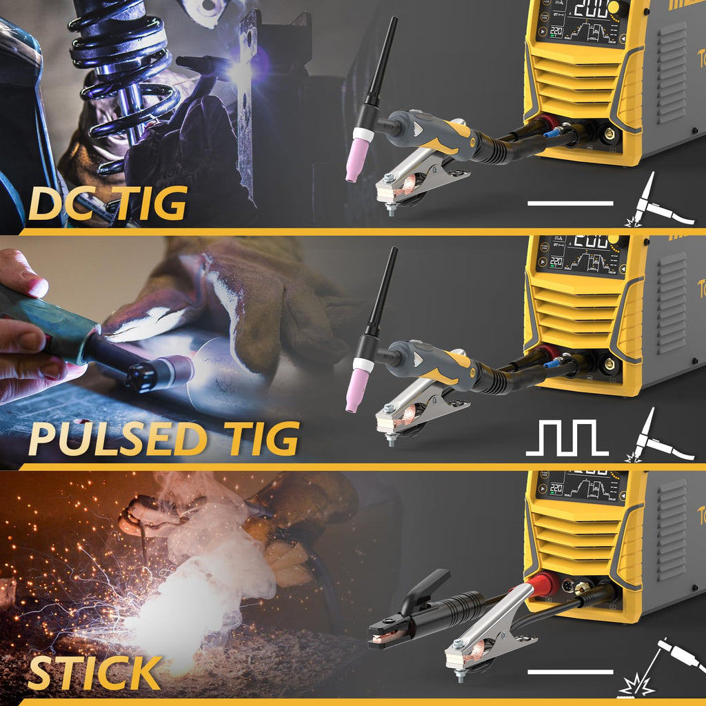 TOOLIOM 220A Cold TIG Welder with DC Pulse, 7 In 1 Cold Spot Lift TIG/Stick Welder with IGBT Inverter, 110&220V Welding Machine with Large Digital Display 2T/4T/4T Repeat Mode TIG Welding Equipment