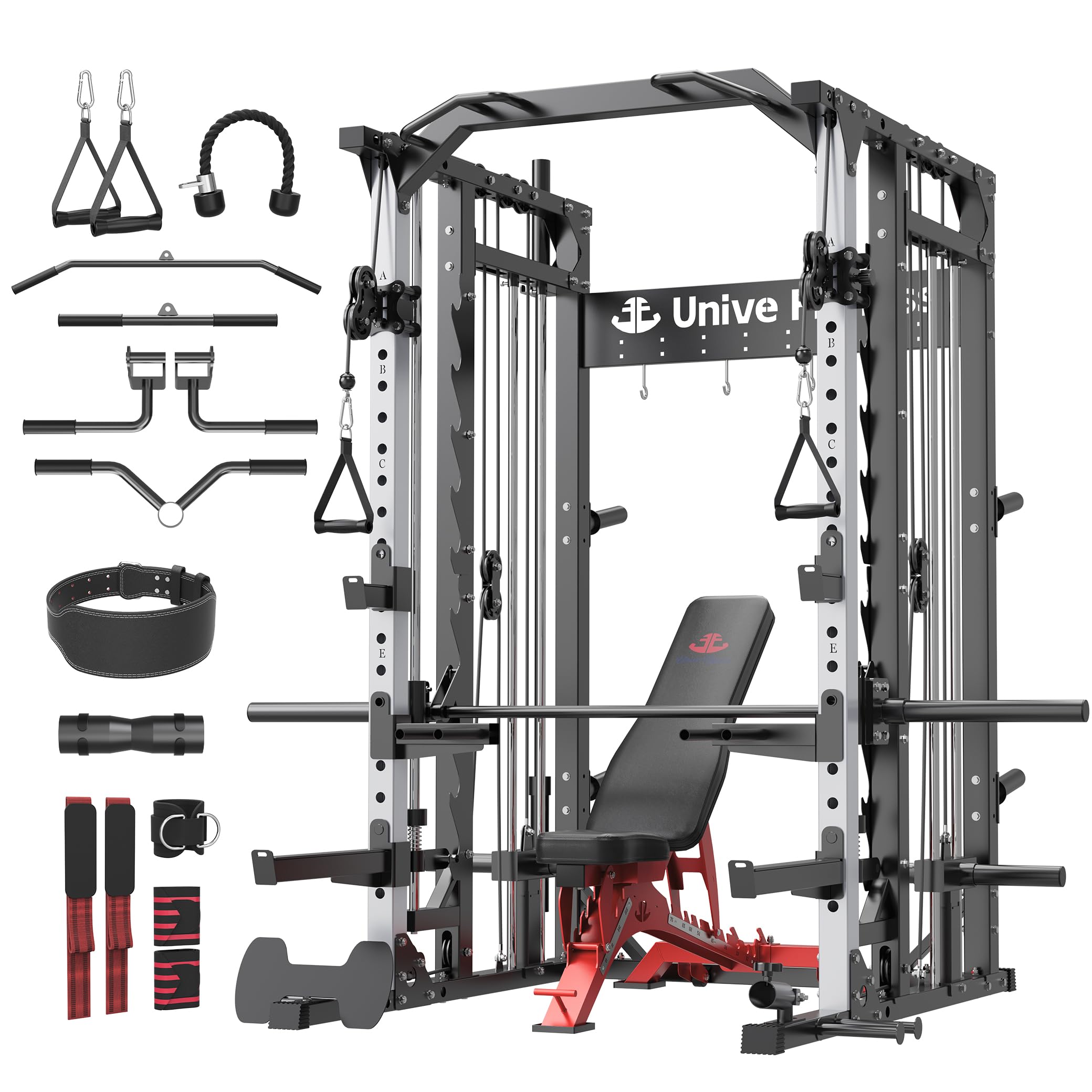 Unive Fitness Smith Machine, Commercial-Grade All-in-One Home Gym Power Cage with Squat Rack, Dual Cable Crossover & Pulley System, Complete Attachments for Full Body Workouts