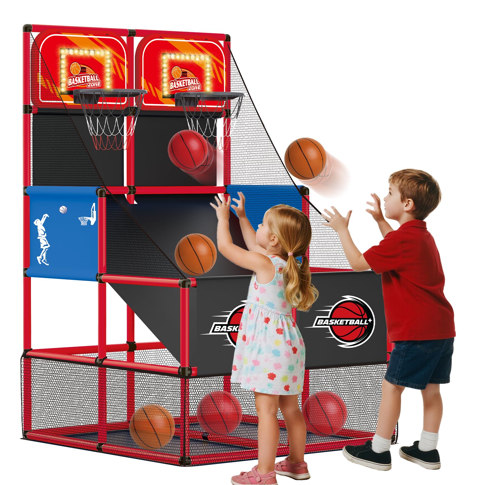 Upgrade Dual Basketball Arcade Game Kids Basketball Hoop with Electronic Scoreboard LED Light 6 Balls Indoor Outdoor Sports Toys Gifts for Boys Girls Ages 3-8 (Red)