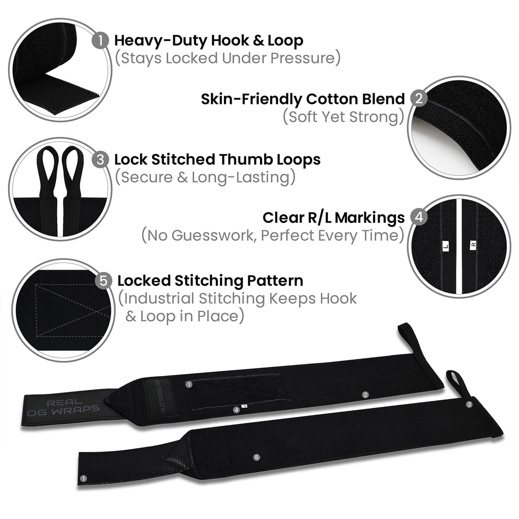18" OG-Grade Wrist Wraps for Weightlifting – Heavy Duty Wrist Support with Thumb Loop & Lockdown Strap – Wrist Straps for Powerlifting, Bench Press & Gym Training