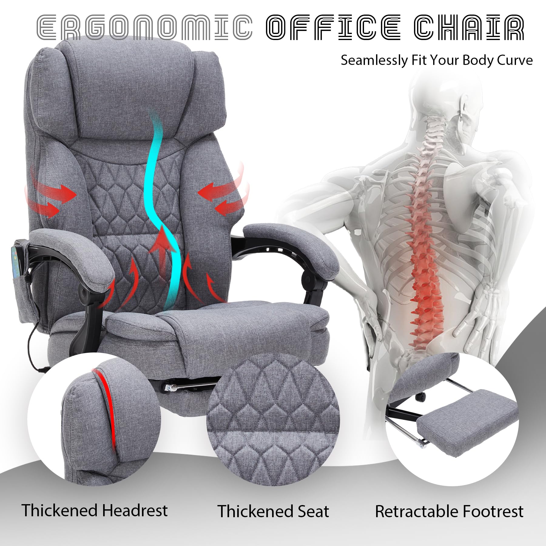 Massage Office Chair with Foot Rest 6 Points Vibration and Heat Home Office Desk Chairs for Heavy People 400lbs Reclining Managerial Chairs Ergonomic Executive Chair (Black)