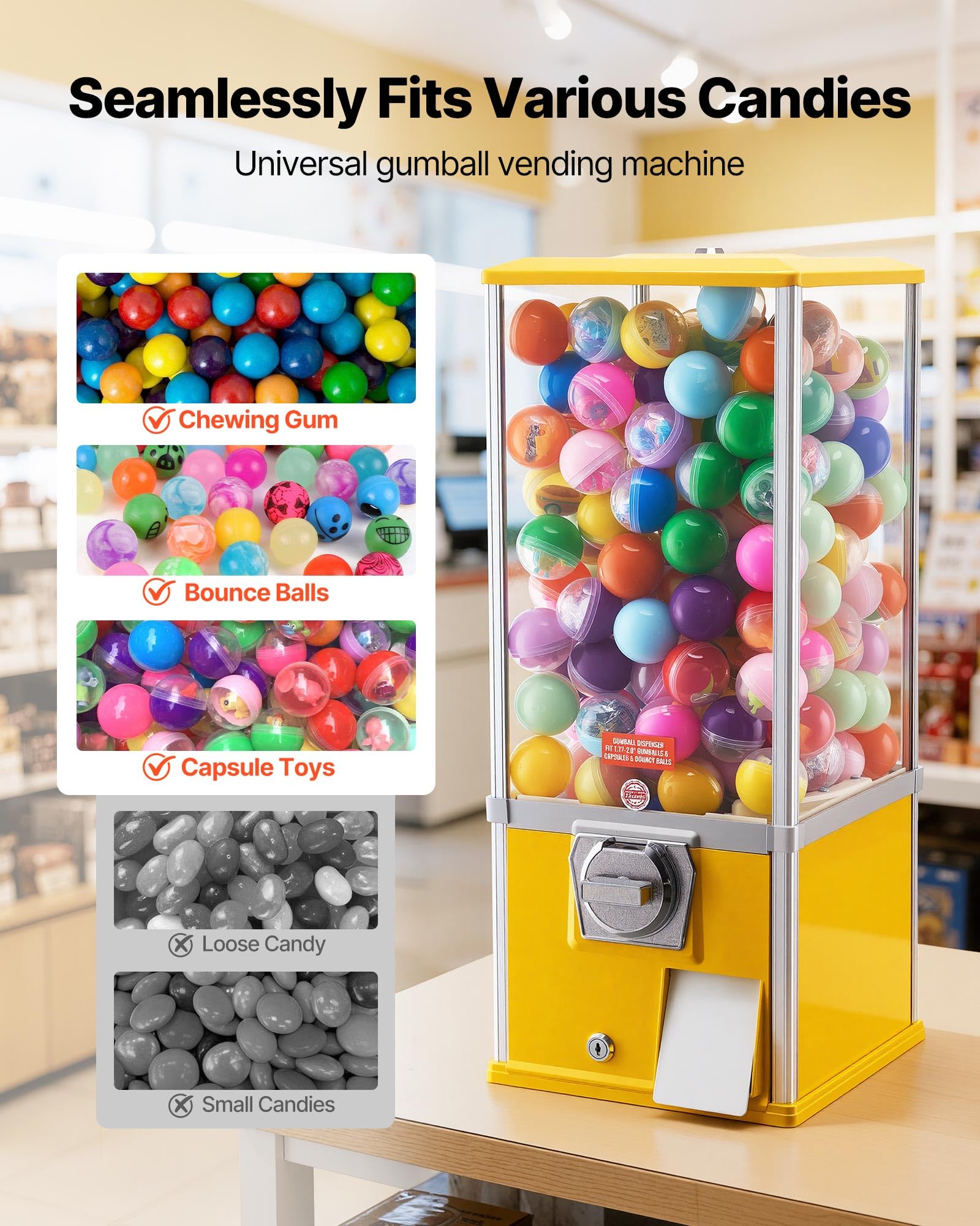 VEVOR Gumball Machine for Kids, 25" Height Home Vending Machine, PS Bouncy Balls Dispenser, Hold 230 Capsule Toys, Rectangle Bubble Gum Machine for Game Stores, Coin Operated Gumball Bank, Red