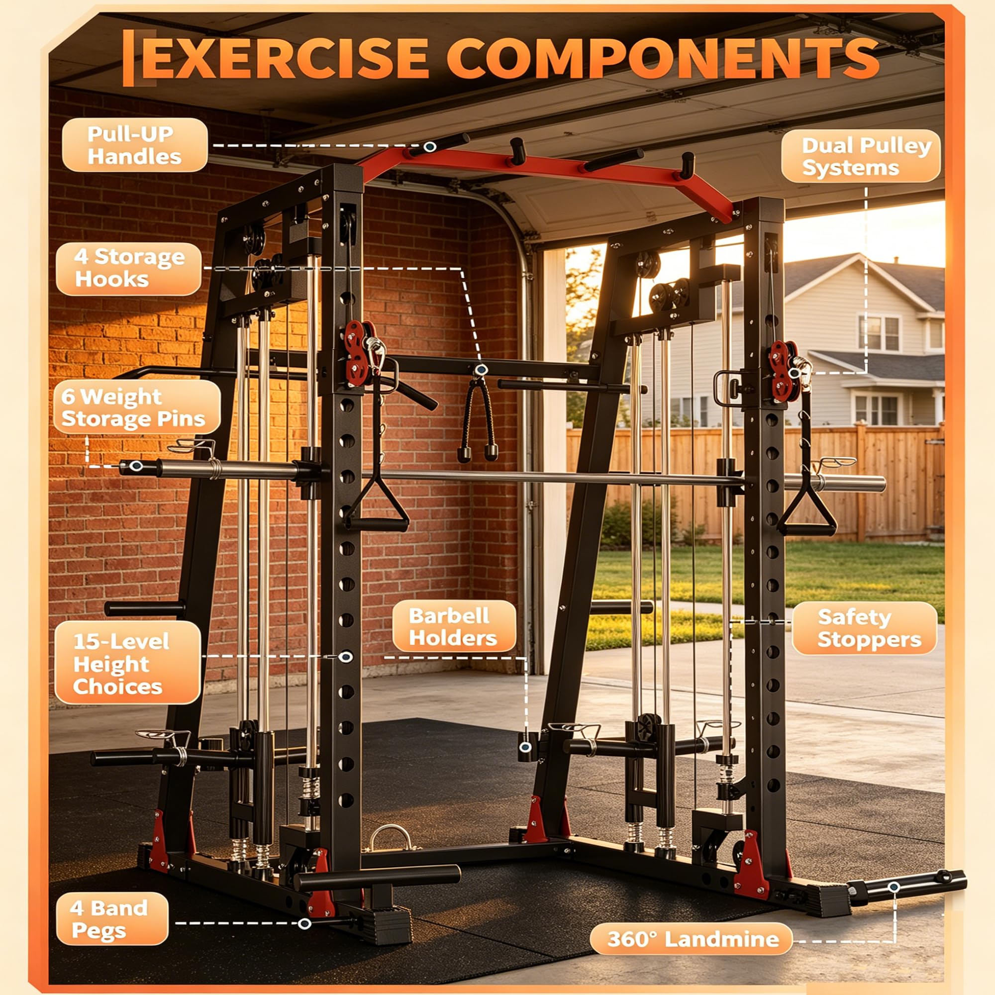 Smith Machine Home Gym, 2200LB Power Cage with Dual Pulley Cable Systems, LAT Pull-Down, Leg Hold-Down & 20+ Attachments for Full Body Workouts
