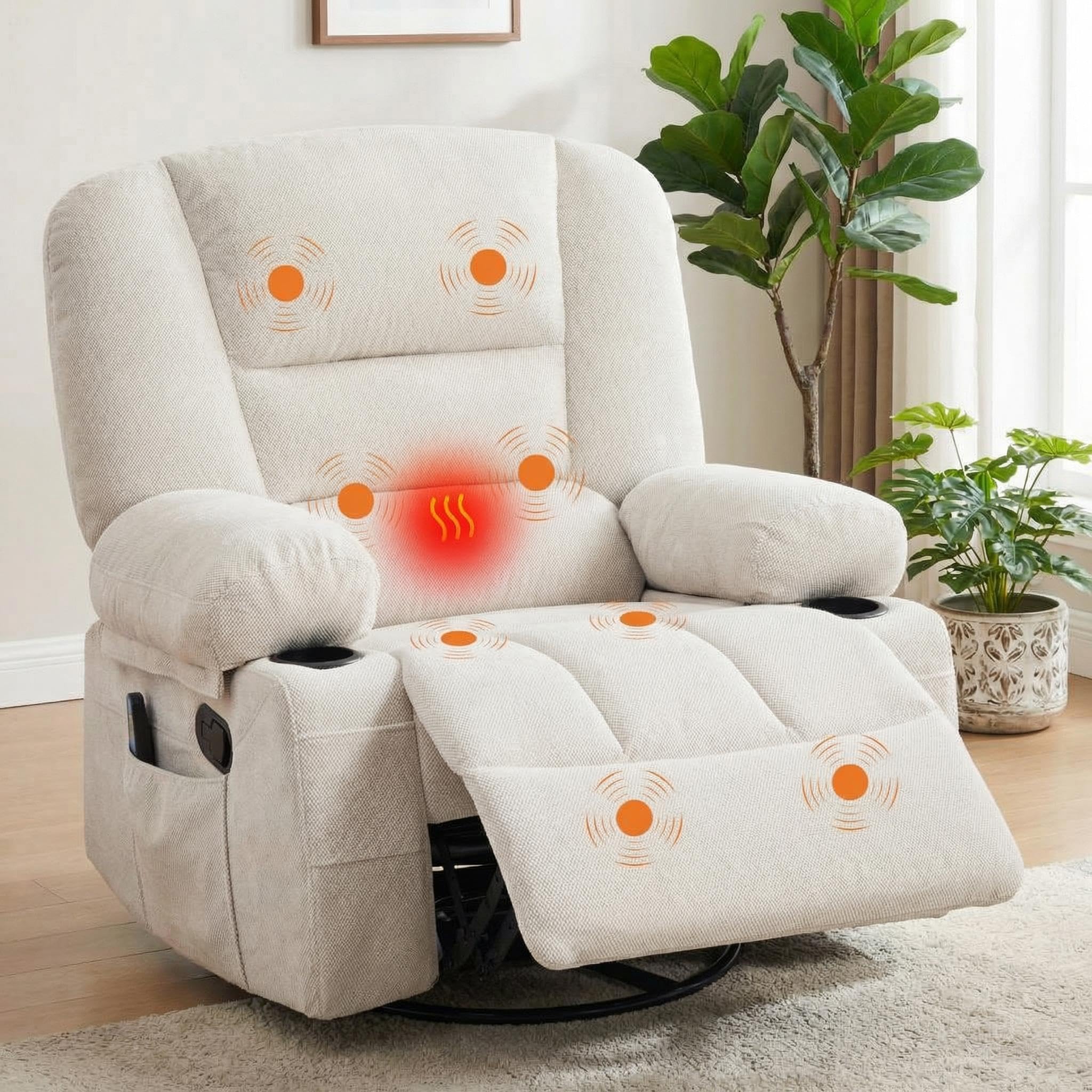 Oversized Wide Recliner Chair with Vibration Massage and Heat, 360° Swivel Recliner Glider for Adults,Chenille Fabric Manual Reclining Single Sofa with Cup Holders & Side Pockets for Living Room,White