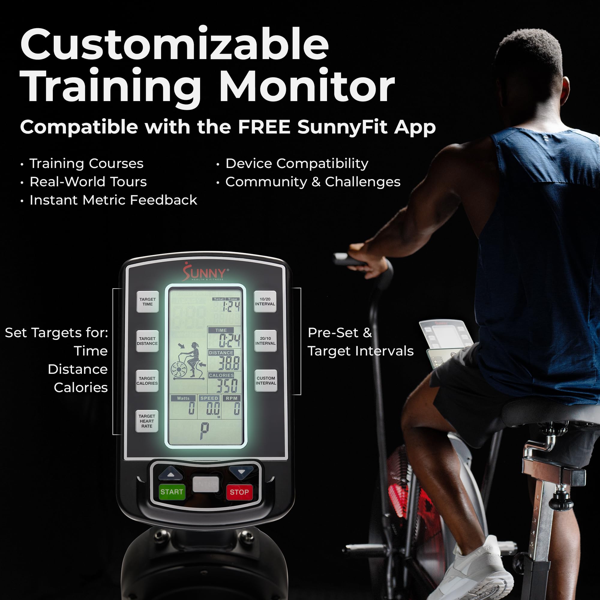 Sunny Health & Fitness Smart Fan Bike for Home Gym, Full Body HIIT & Interval Cardio Training with Air Resistance, Customizable Performance Monitor & Free SunnyFit App Connectivity – SF-B223018