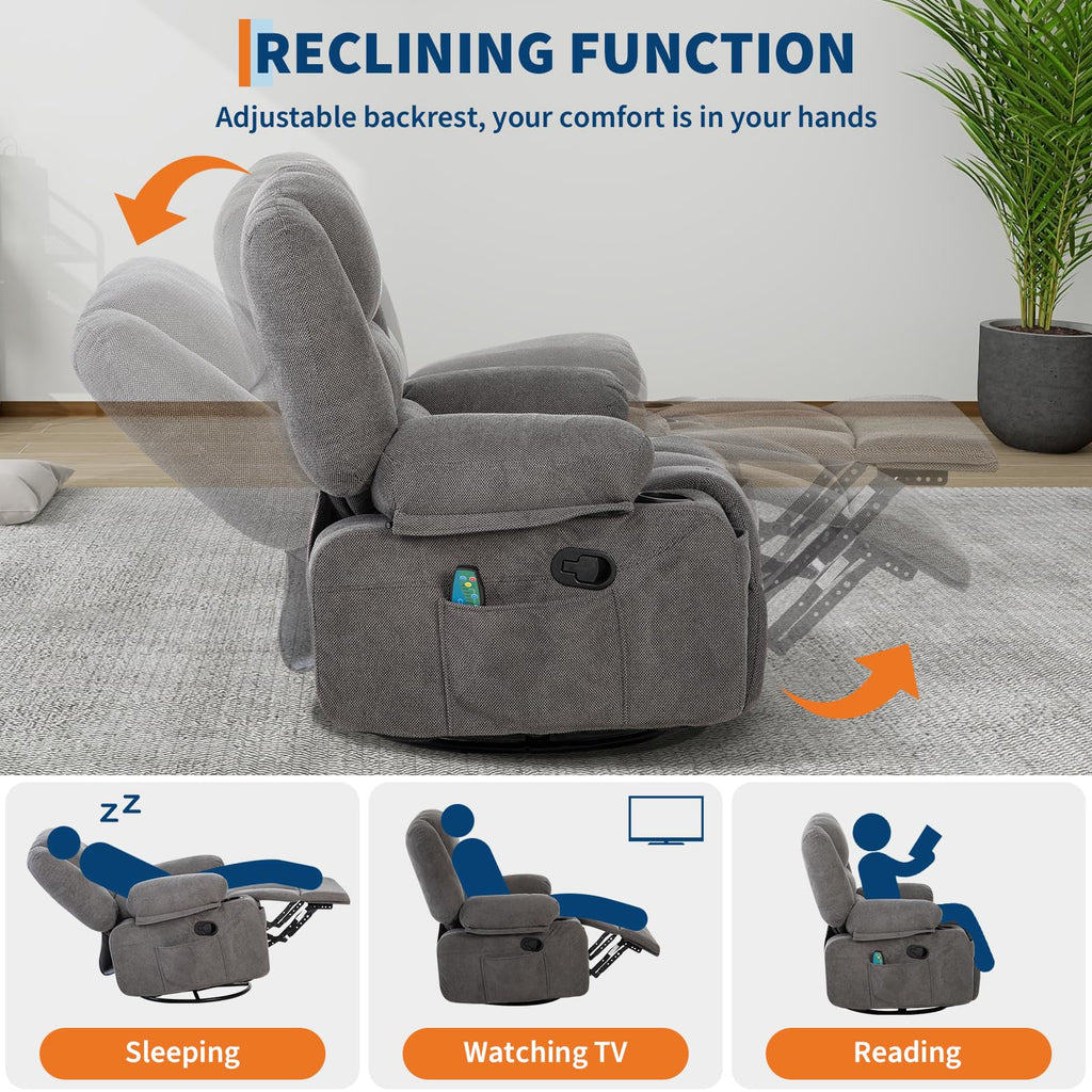 Oversized Wide Recliner Chair with Vibration Massage and Heat, 360° Swivel Recliner Glider for Adults,Chenille Fabric Manual Reclining Single Sofa with Cup Holders & Side Pockets for Living Room,White