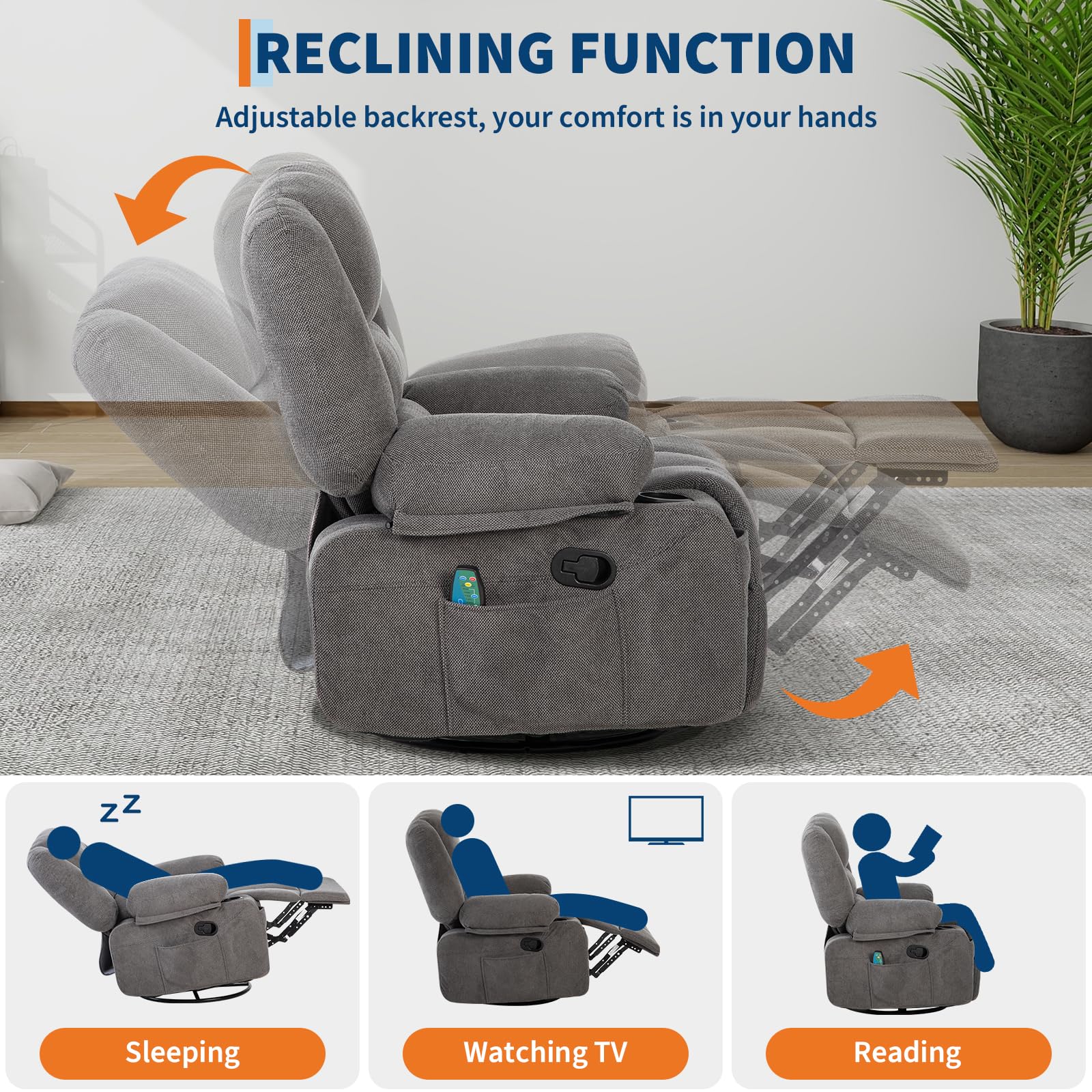 Oversized Wide Recliner Chair with Vibration Massage and Heat, 360° Swivel Recliner Glider for Adults,Chenille Fabric Manual Reclining Single Sofa with Cup Holders & Side Pockets for Living Room,White
