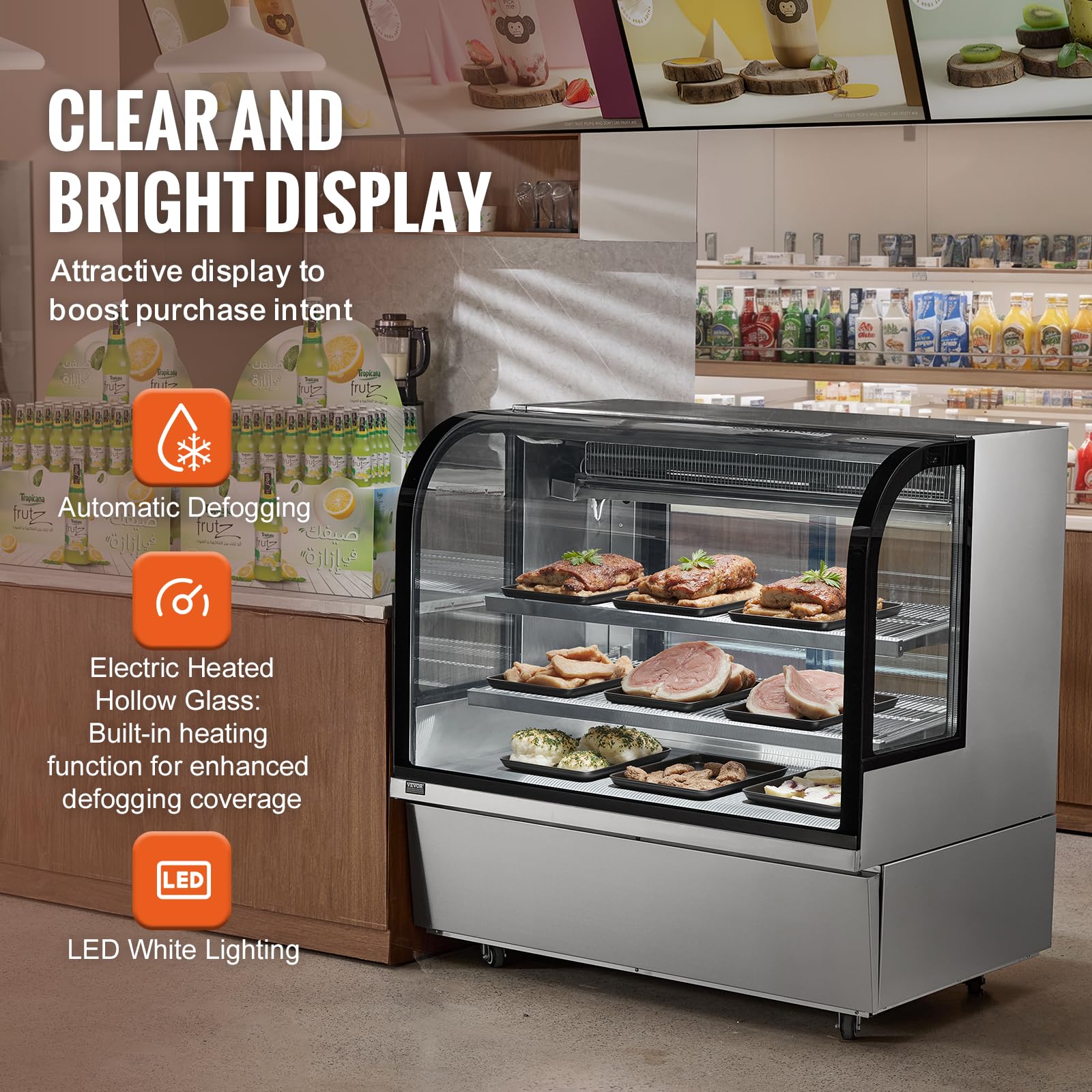 VEVOR Refrigerated Display Case, 3.5 Cu.Ft./100L, 2-Tier, Countertop Pastry Display Case Commercial Display Refrigerator with LED Lighting, TURBO Cooling, Frost-Free Air-Cooling, Rear Sliding Door