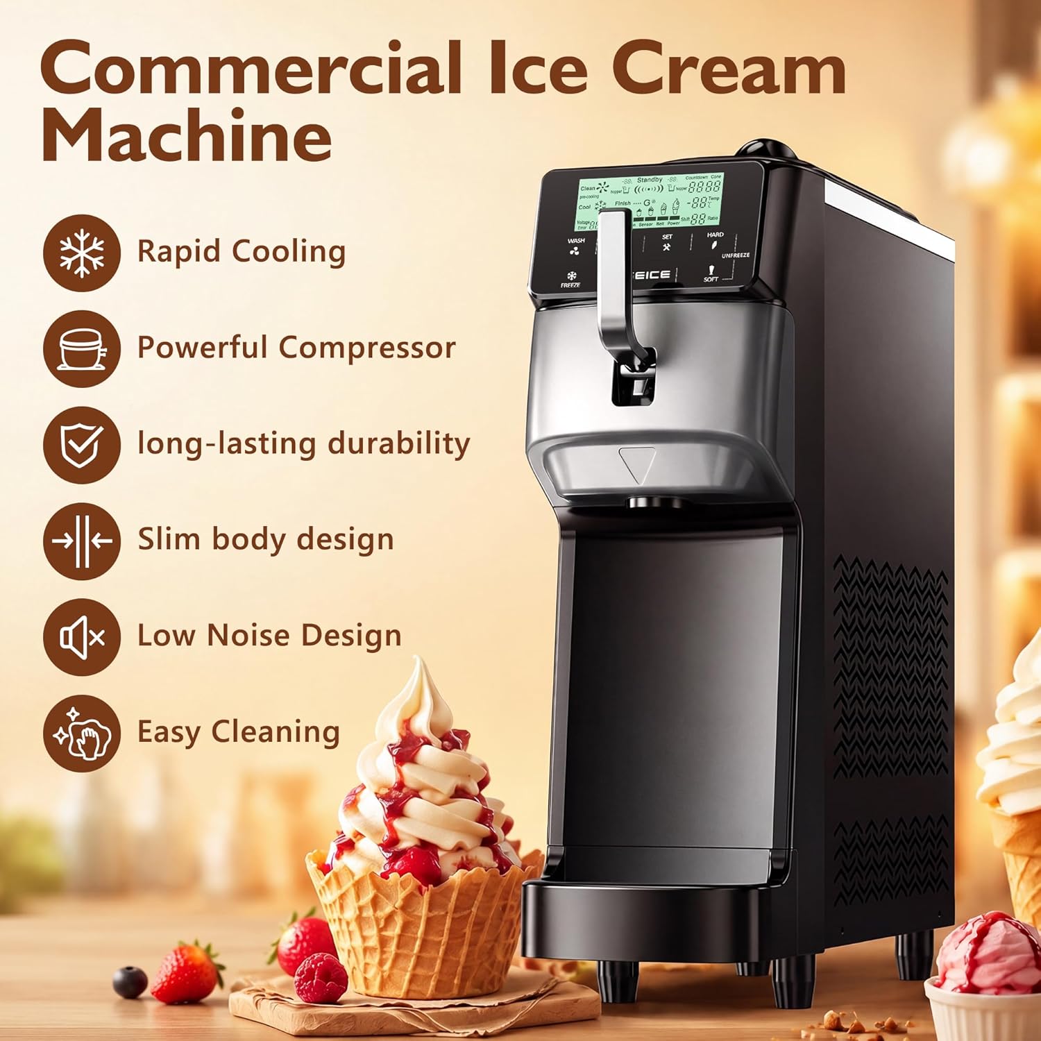 Commercial Soft Serve Ice Cream Maker,3.5 Gal/H 5" Touch Screen, Auto-Clean & Pre-Cool, Stainless 6L Hopper for Café Restaurant