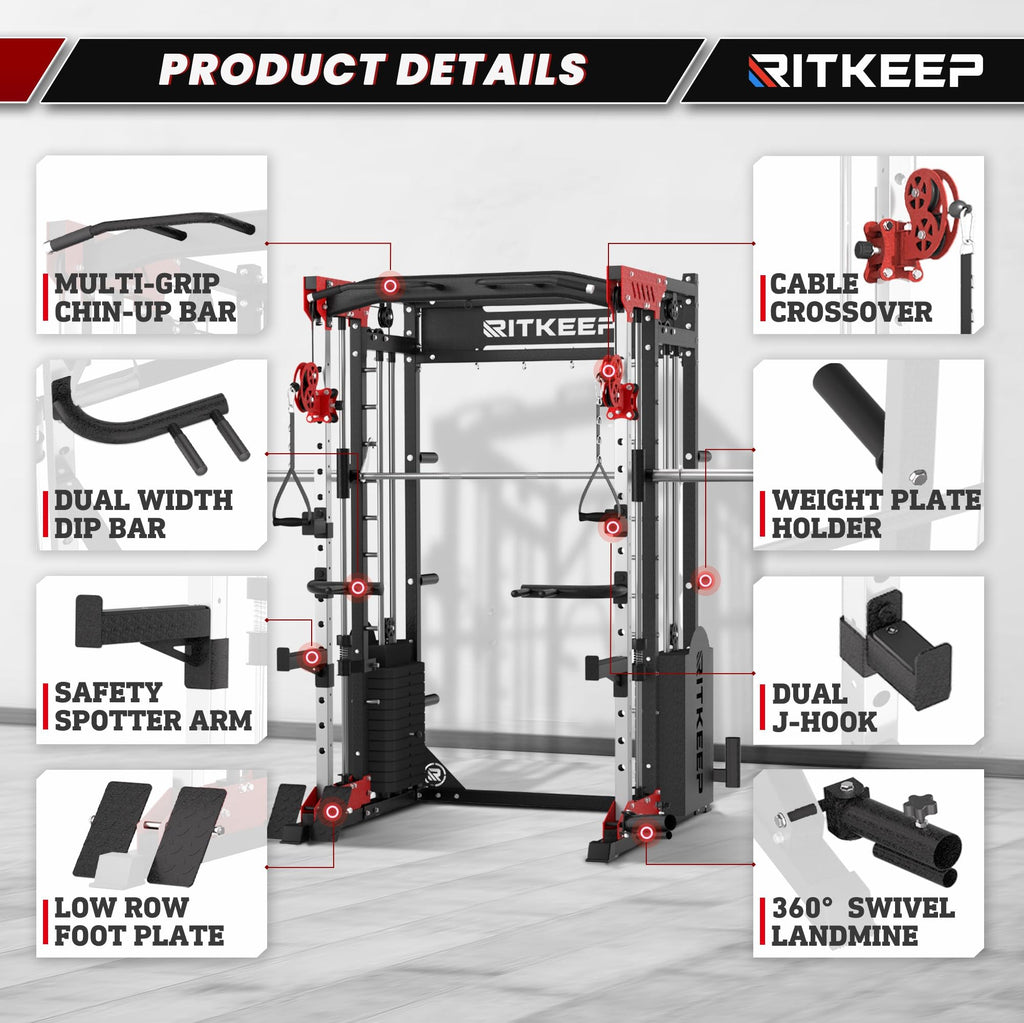 RitKeep PMAX-5600 Pro Heavy-Duty Smith Machine Squat Rack with 320 LB Weight Stacks, 6-in-1 Multi-Function Home Gym System, Dual Cable Crossover and 2000 LB Capacity for Full-Body Strength Training