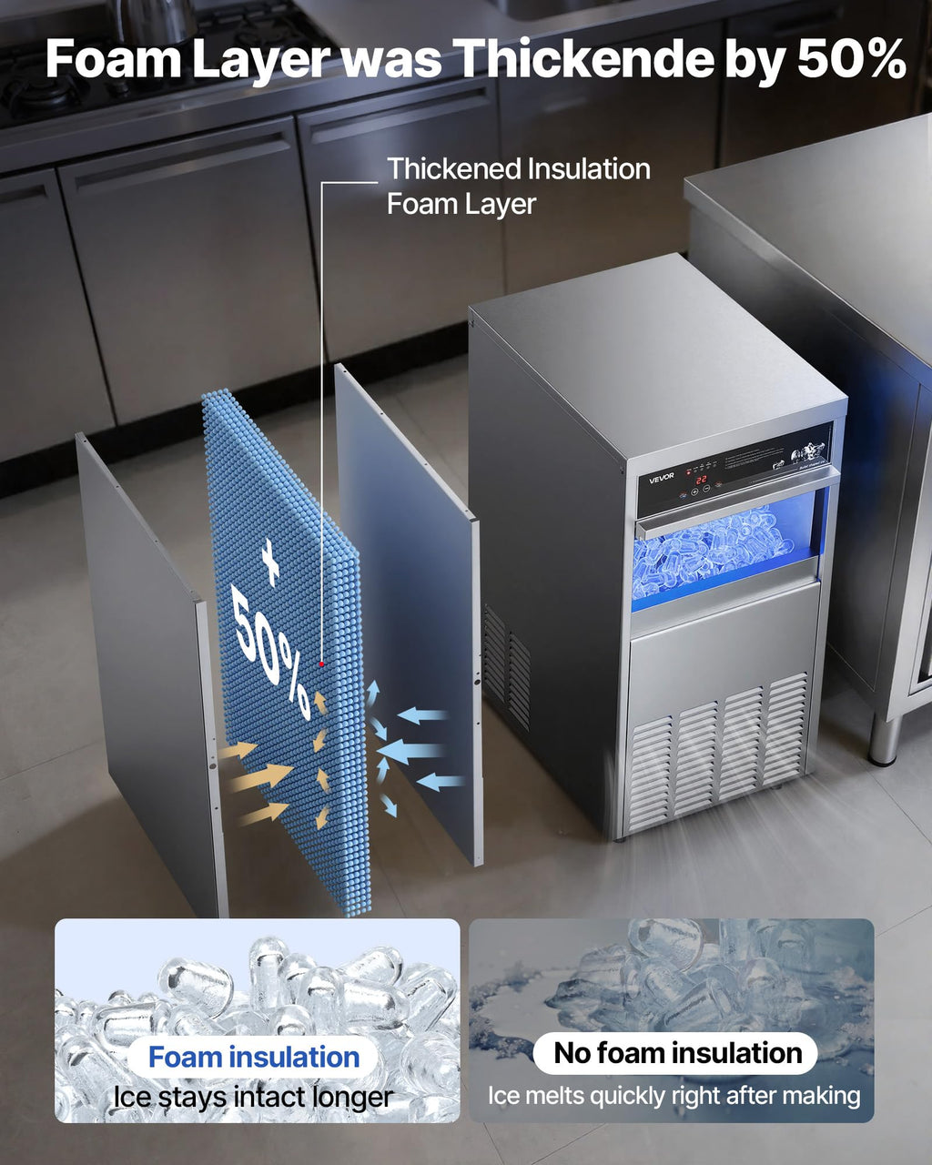 VEVOR Commercial Ice Maker Machine, 100 lbs/24h with 30-35 lbs Storage, Bullet Ice,Built-in/Freestanding/Under Counter, Stainless Steel Ice Maker with LED Display for Home Bar Restaurant