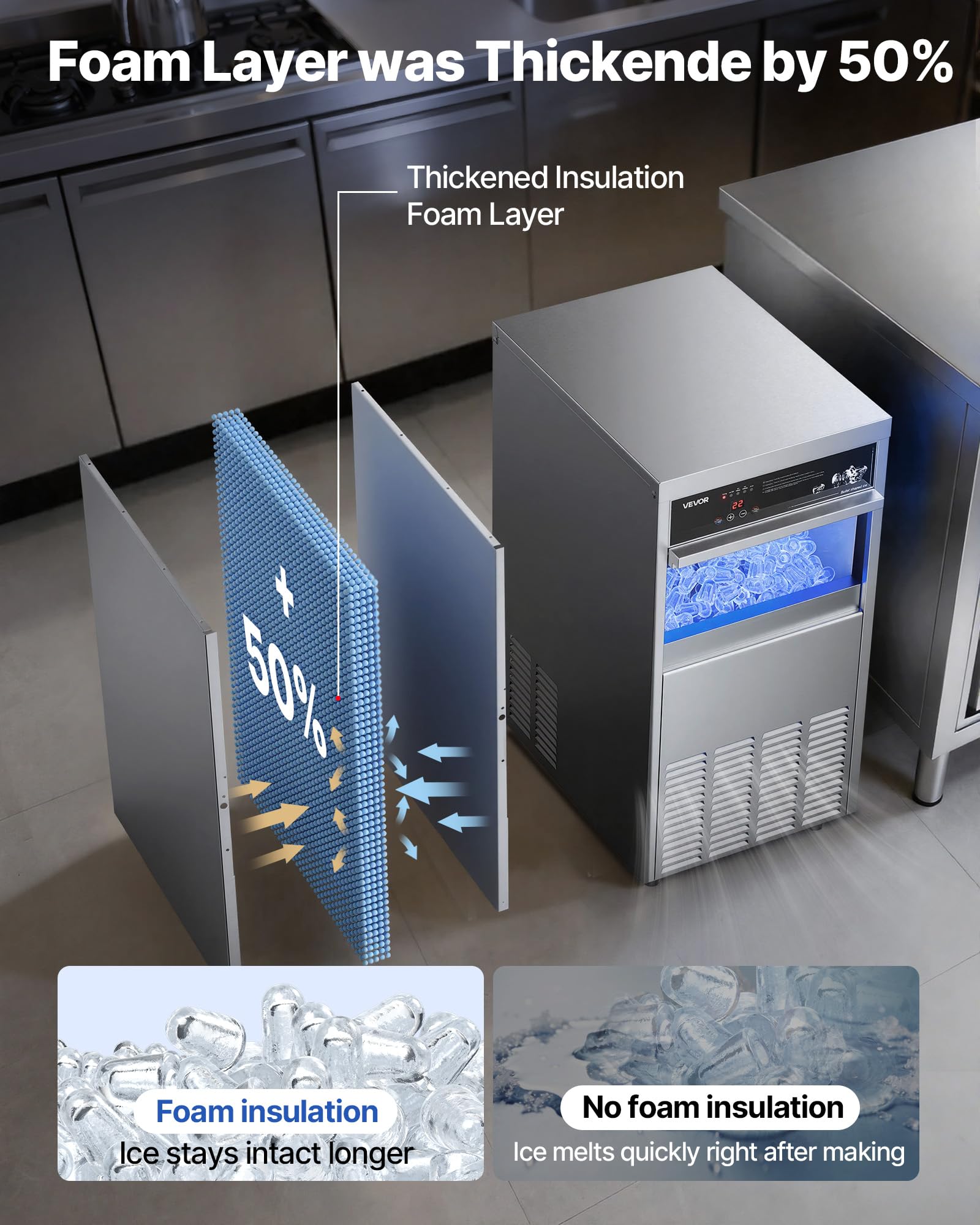 VEVOR Commercial Ice Maker Machine, 100 lbs/24h with 30-35 lbs Storage, Bullet Ice,Built-in/Freestanding/Under Counter, Stainless Steel Ice Maker with LED Display for Home Bar Restaurant