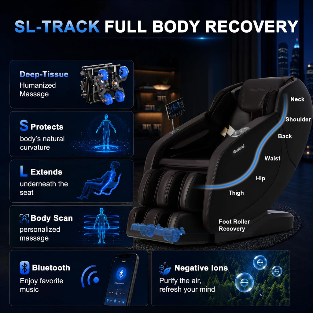 iBooMas 2026 Massage Chair Full Body, 5 Heating Zones for Daily Pain Relief, Zero Gravity 54'' SL-Track, Body Scan, 18 Auto & Manual Modes, Foot Roller, Thai Stretch, Airbags (Black & Brown)