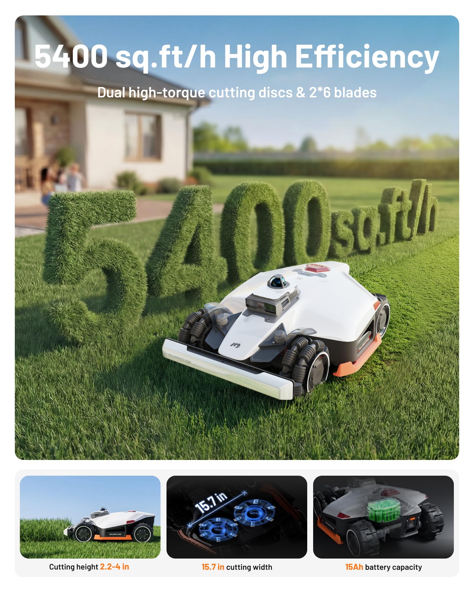 Mammotion LUBA 3 AWD 5000H Robot Lawn Mower for 1.25 Acres, 360° LiDAR+NetRTK+AI Vision Tri-Fusion Positioning, All-Wheel-Drive for 80% Slopes, 50 Multi-Zone Management, Cutting Height 2.2"-4.0"