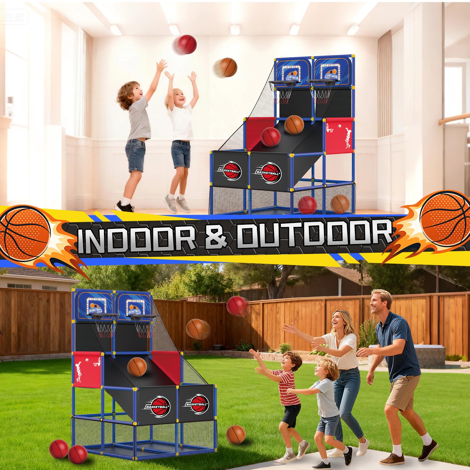 Upgrade Dual Basketball Arcade Game Kids Basketball Hoop with Electronic Scoreboard LED Light 6 Balls Indoor Outdoor Sports Toys Gifts for Boys Girls Ages 3-8 (Red)
