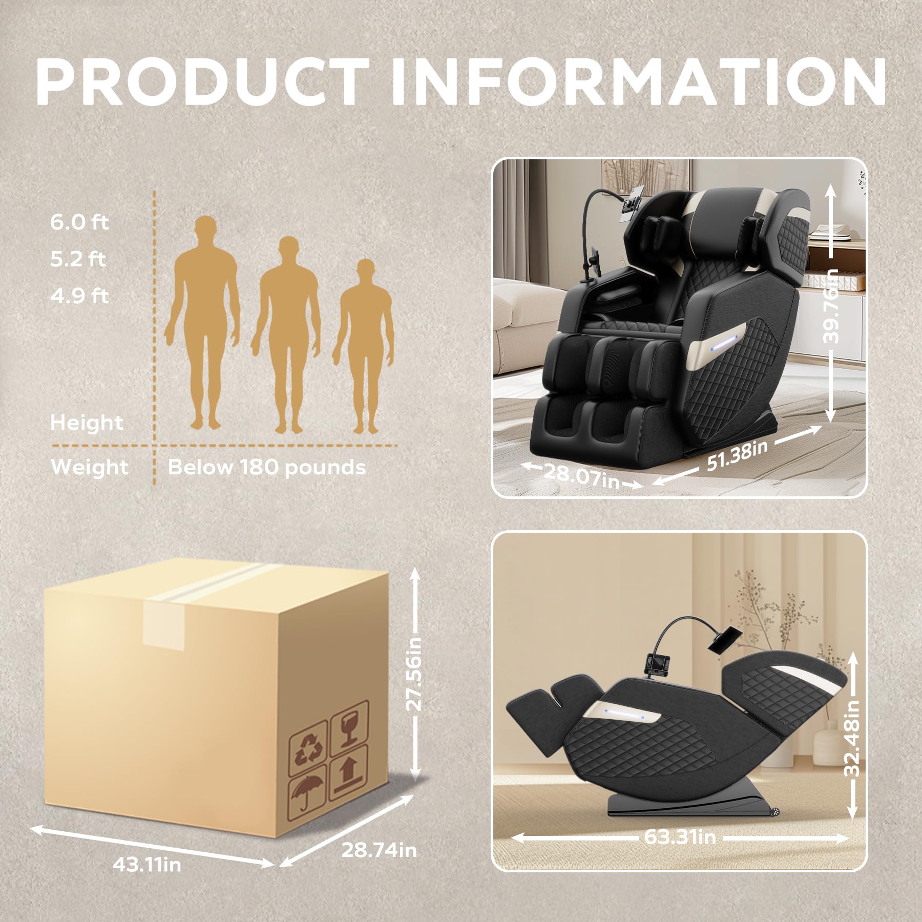 2026 Massage Chair Full Body, Zero Gravity Massage Chair with Auto Modes, Airbag Massage, 6 Fix Point Rollers, Foot Massage, Heating, Touch Screen Controller, Home Massage Chairs