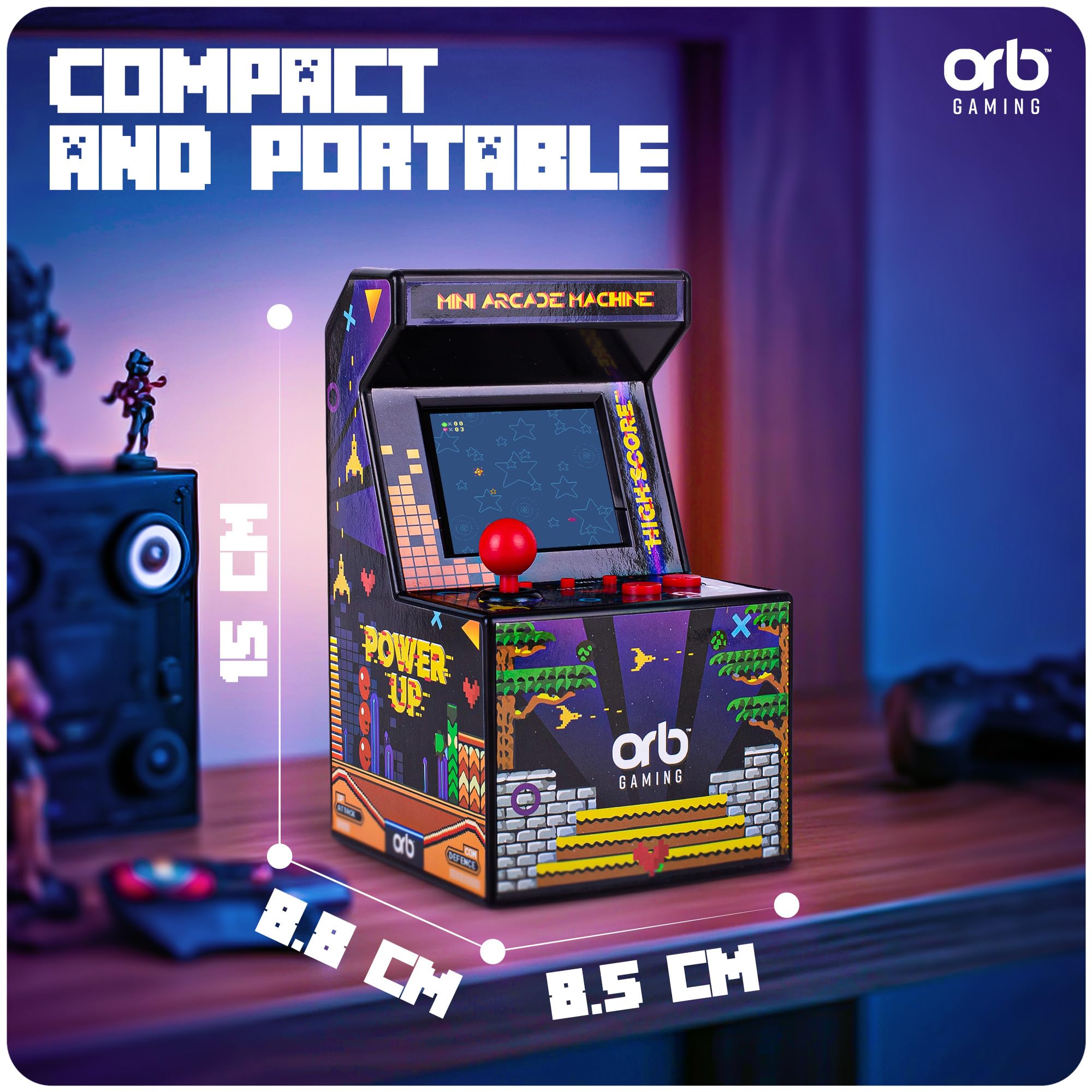 Mini Arcade Machine, 240 Built-in 8-Bit Games, 2.5” Full Colour Screen, 8-Way Joystick, Handheld Retro Games Console – Orb Gaming by ThumbsUp!