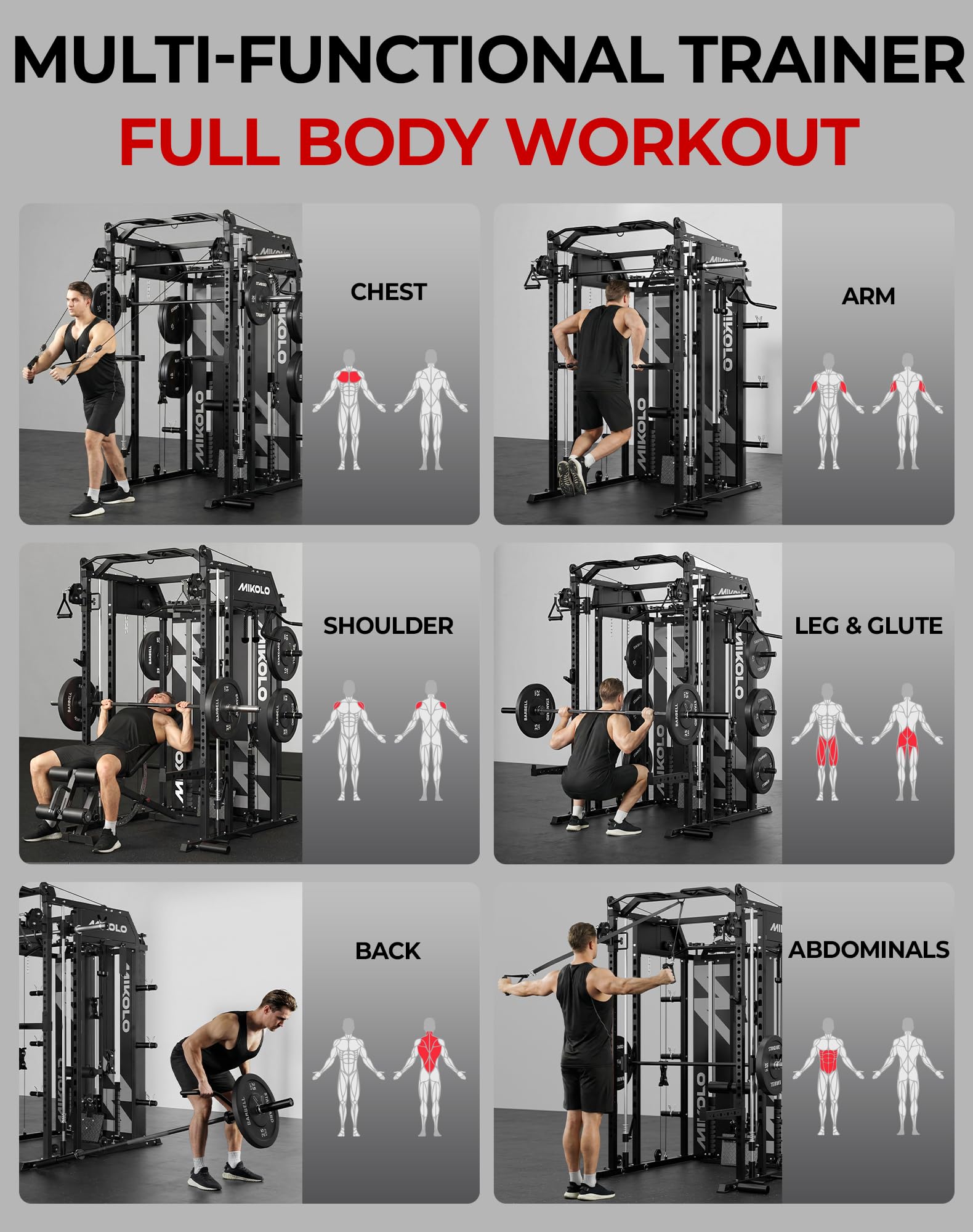 Mikolo Smith Machine with Weight Stack, Power Cage Home Gym System with LAT Pulldown & Cable Crossover, Multi-Functional Trainer with Dual Pulley System, Includes 10+ Free Attachments