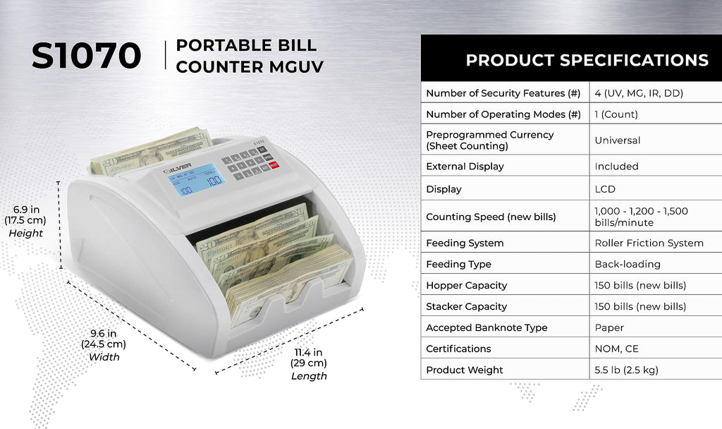 Money Counter Machine UV/MG/IR/DD/DBL/HLF/CHN Counterfeit Money Detection Bill Counter with LCD Display, S1070